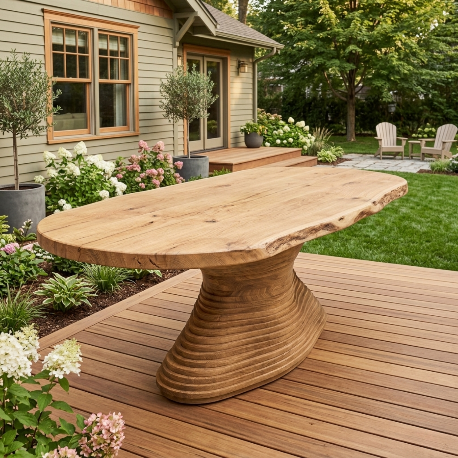Live Edge Solid Wood Outdoor Dining Table with Sculptural Spiral Pedestal Base
