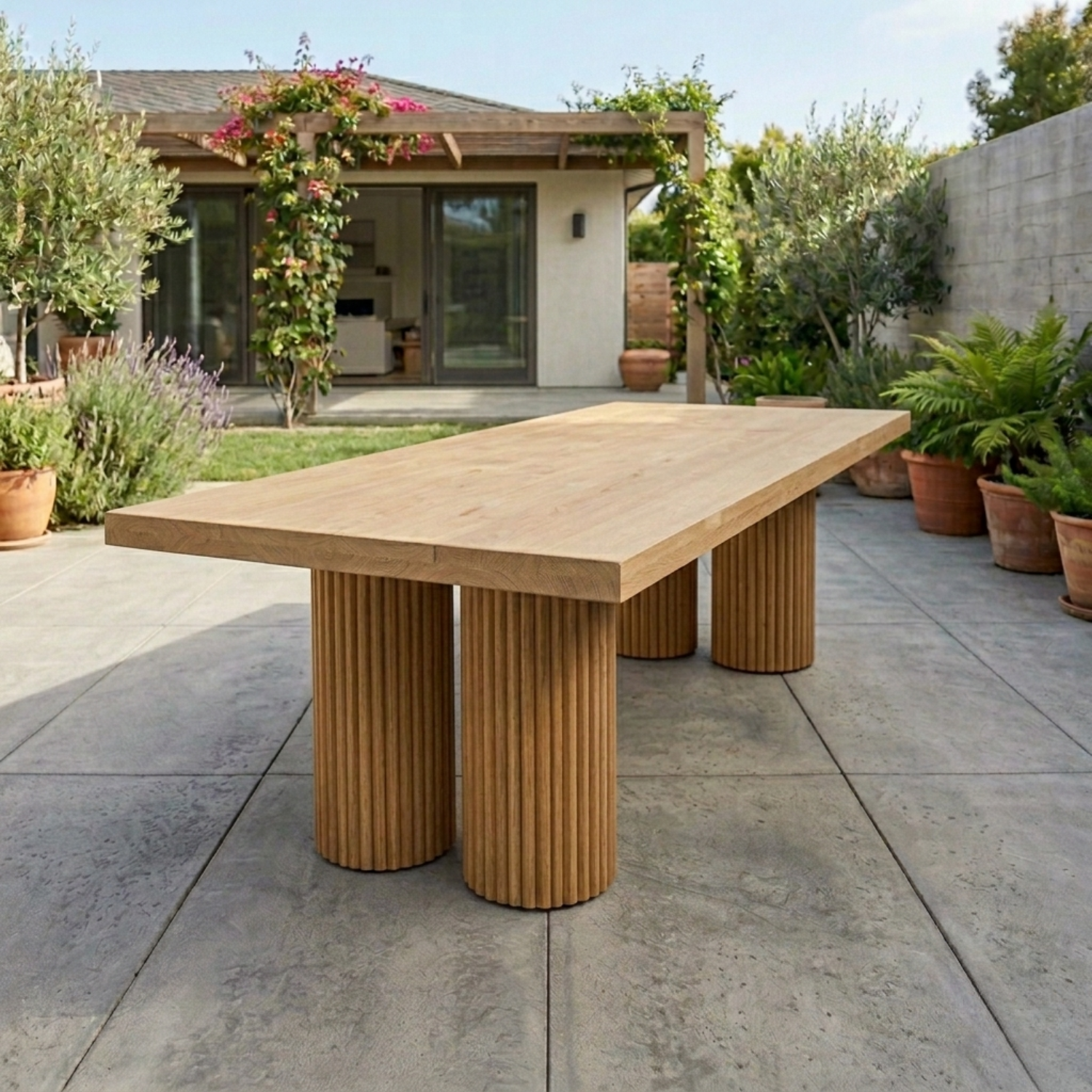 Rectangular Solid Wood Outdoor Dining Table with Double Fluted Pedestal Bases