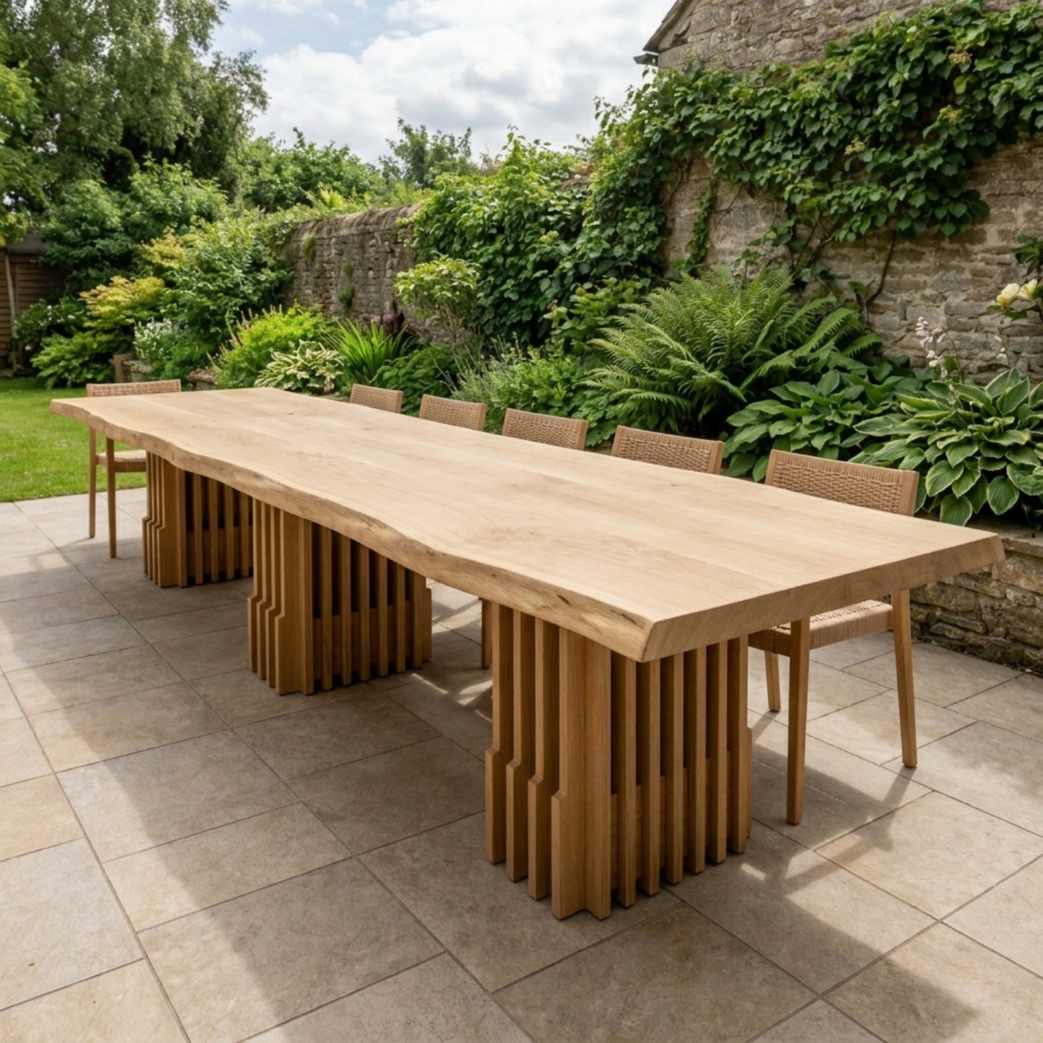 Solid Wood Outdoor Dining Table Live Edge Top with Fluted Multi-Pedestal Base