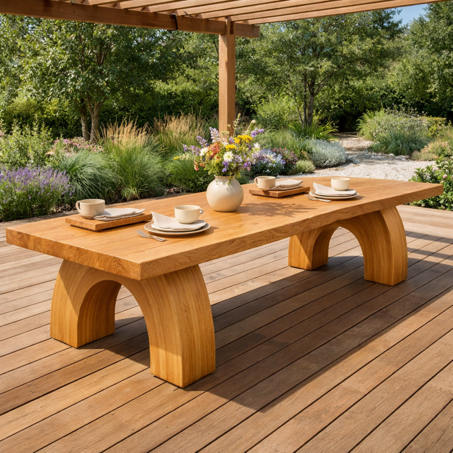 Solid Wood Outdoor Dining Table Rectangular Top with Arched Base Patio Garden Table