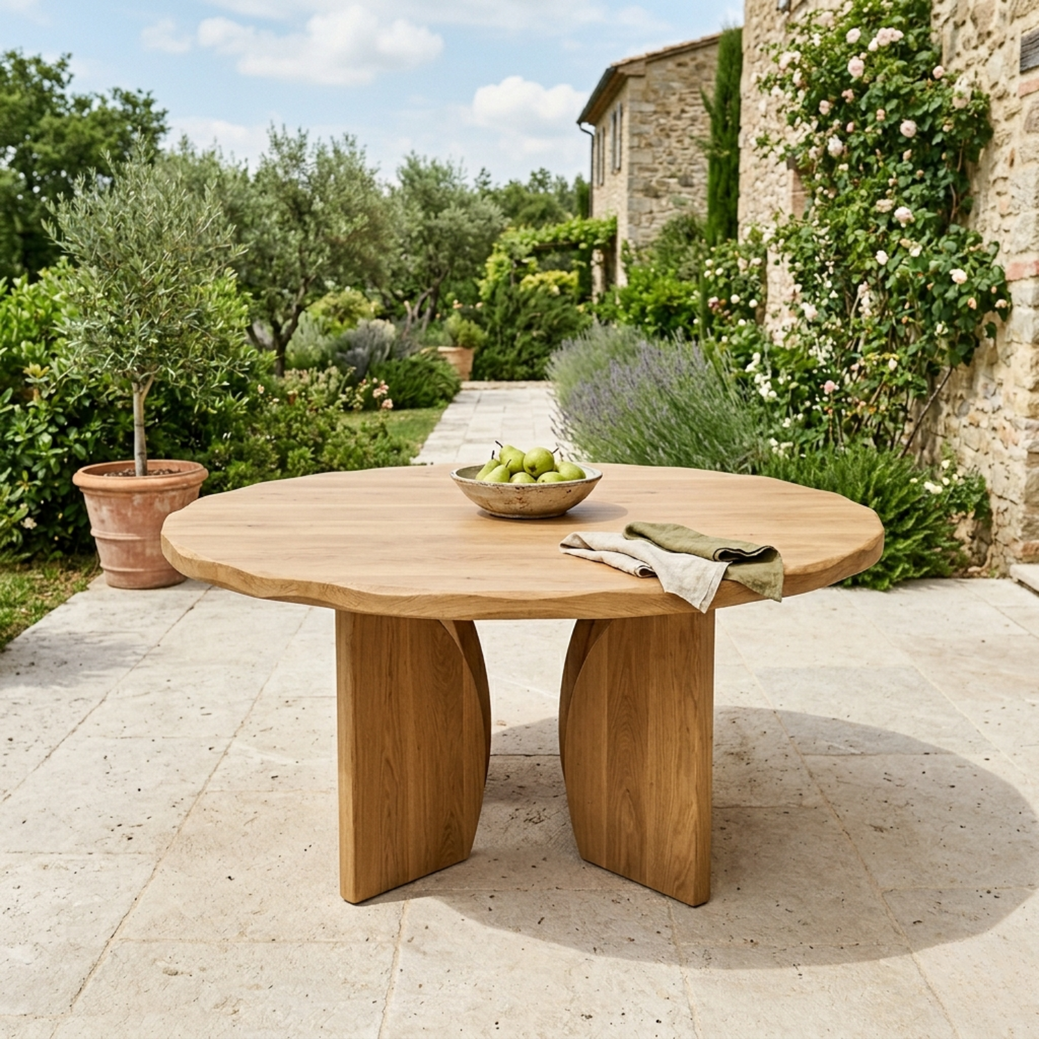 Round Solid Wood Outdoor Dining Table with Sculpted Twin Pedestal Base