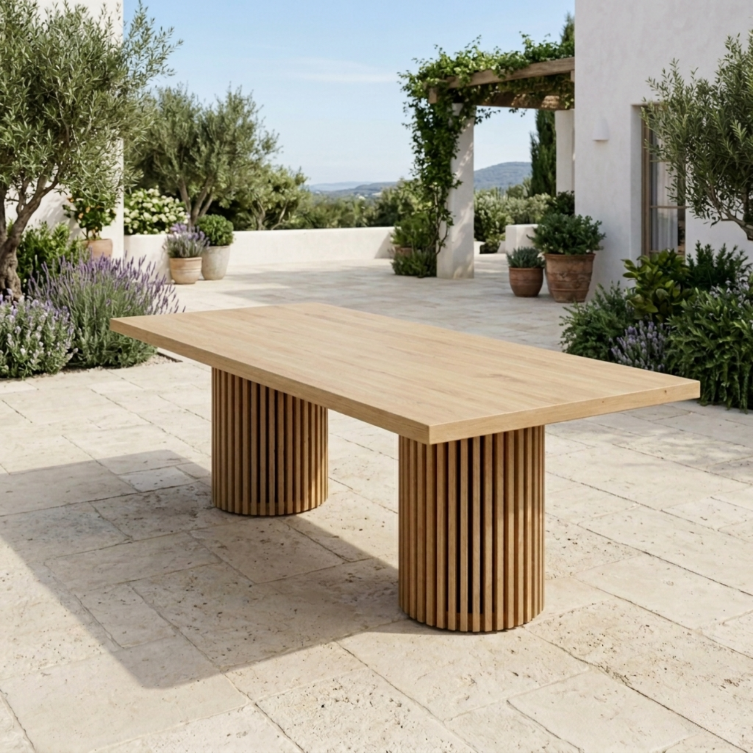 Rectangular Solid Wood Outdoor Dining Table with Fluted Pedestal Base