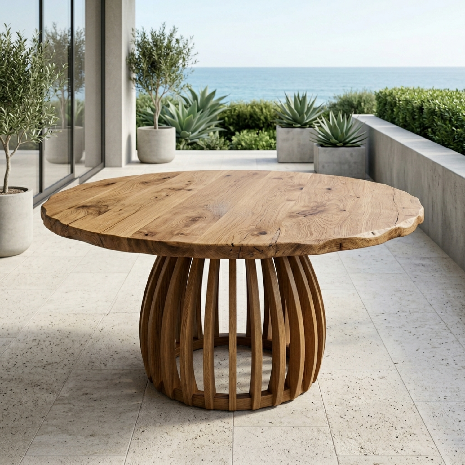Round Live Edge Solid Wood Outdoor Dining Table with Sculptural Slatted Pedestal Base