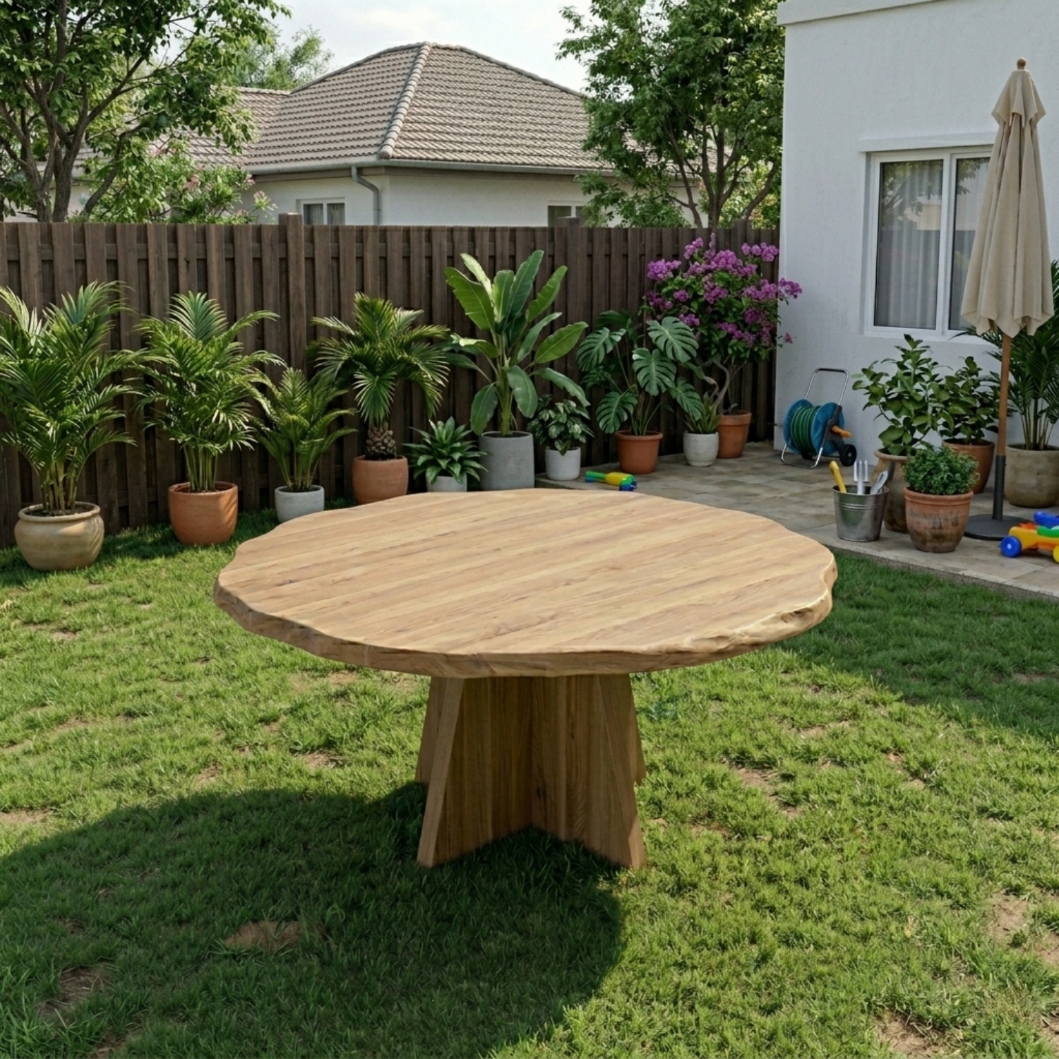 Round Live Edge Solid Wood Outdoor Dining Table with Sculptural Cross Pedestal Base