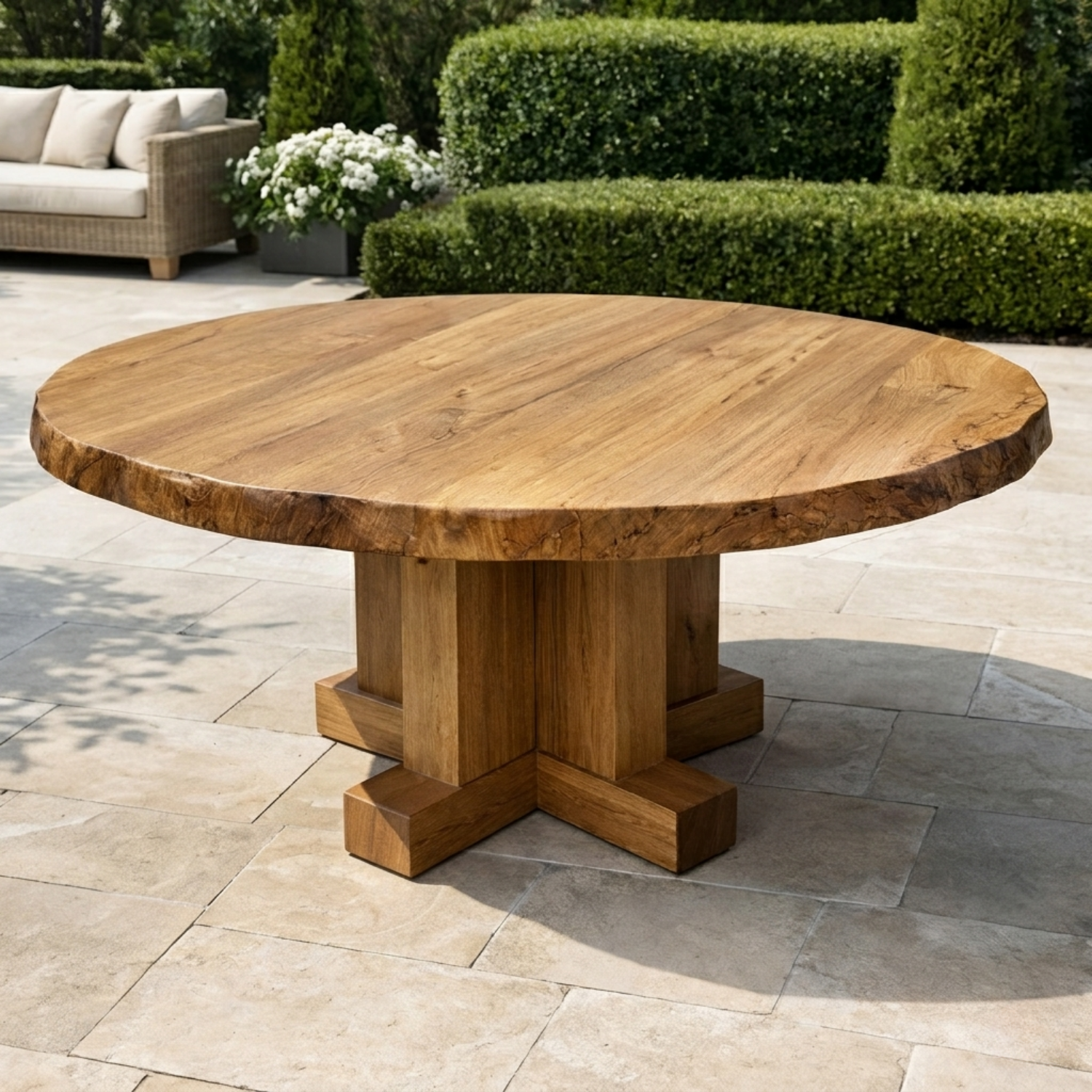 Round Live Edge Solid Wood Outdoor Dining Table with Cross Pedestal Base