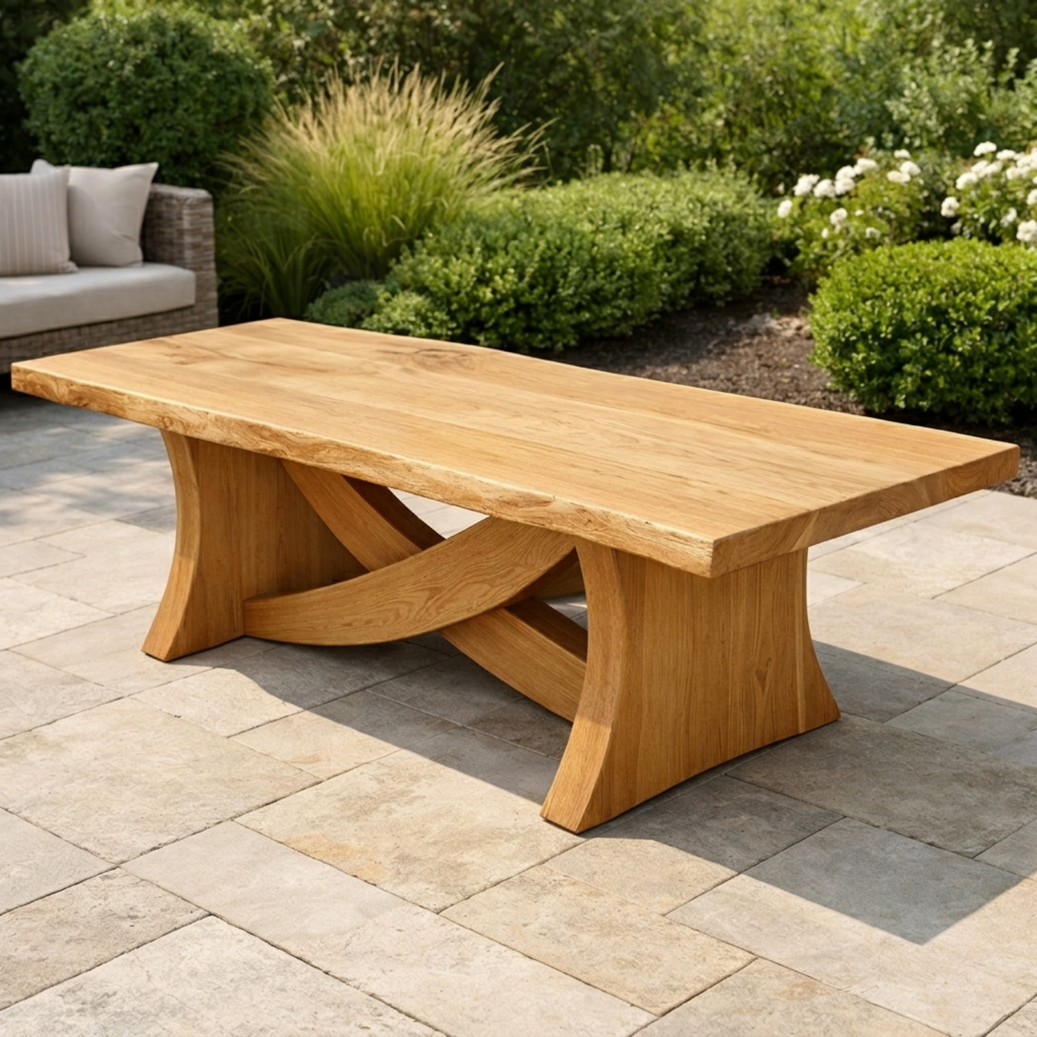 Solid Wood Outdoor Dining Table Rectangular Top with Sculptural Curved Cross Base