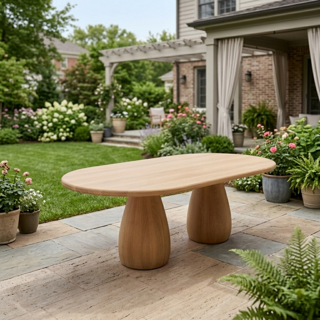 Oval Solid Wood Outdoor Dining Table with Double Rounded Form Base