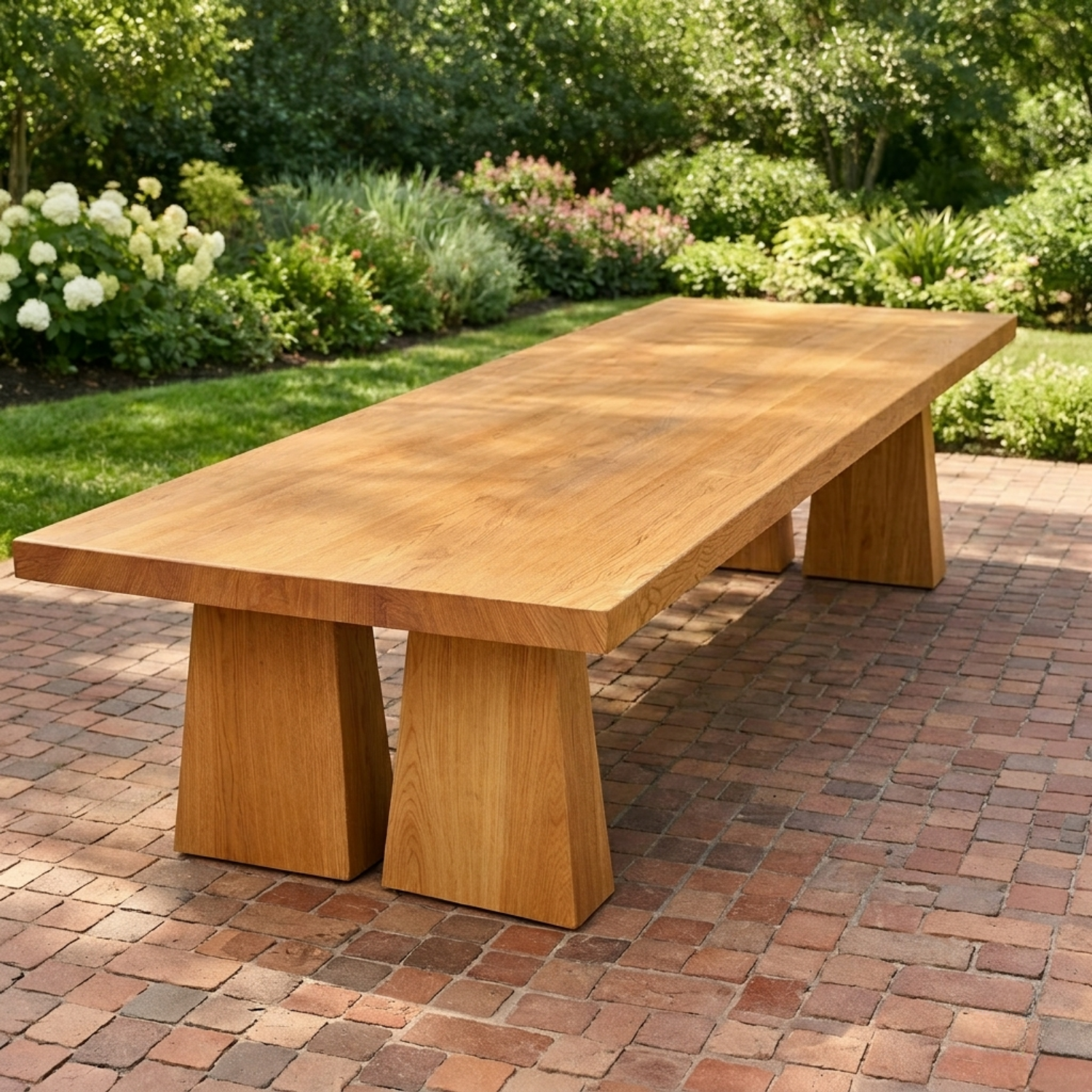 Solid Wood Outdoor Dining Table Rectangular Top with Dual Pedestal Block Base