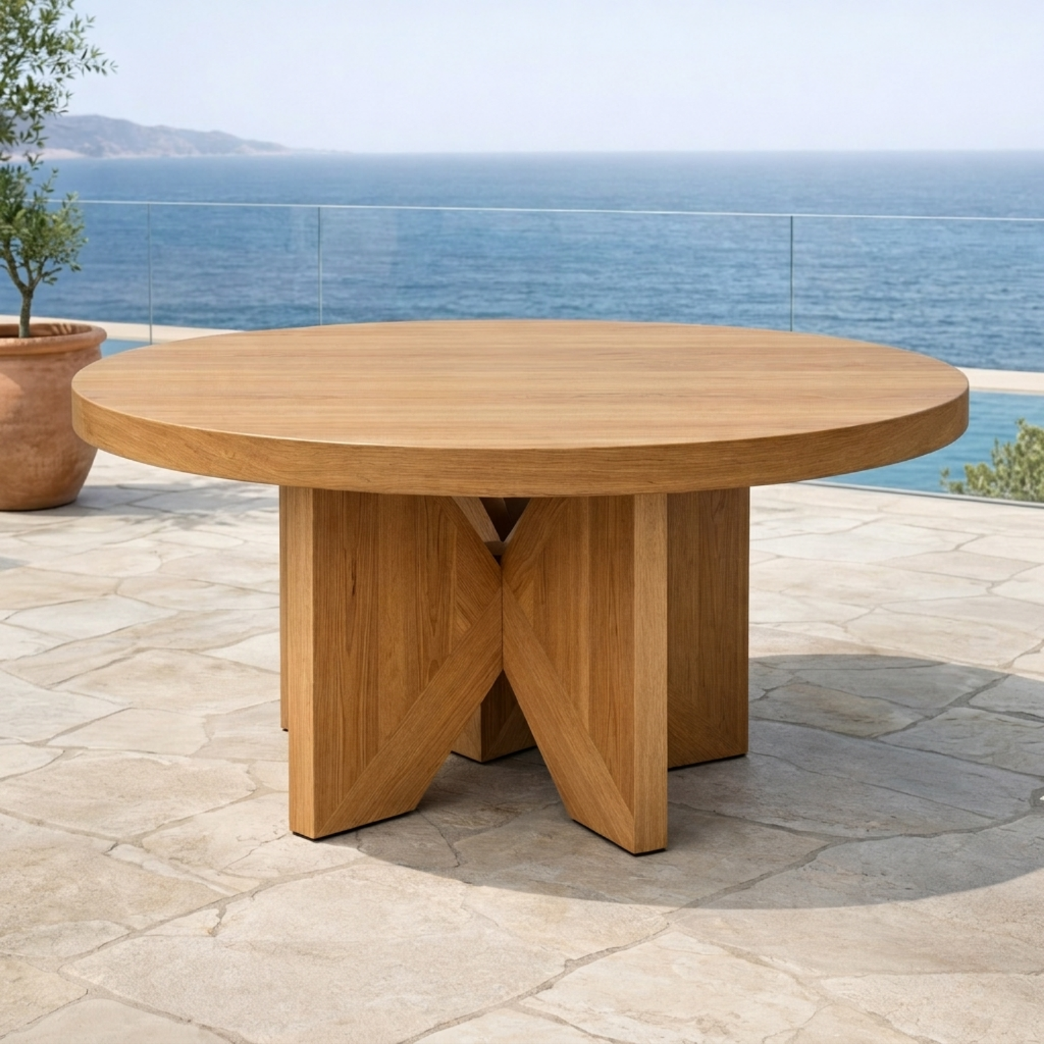 Round Solid Wood Outdoor Dining Table with Bold Cross Pedestal Base