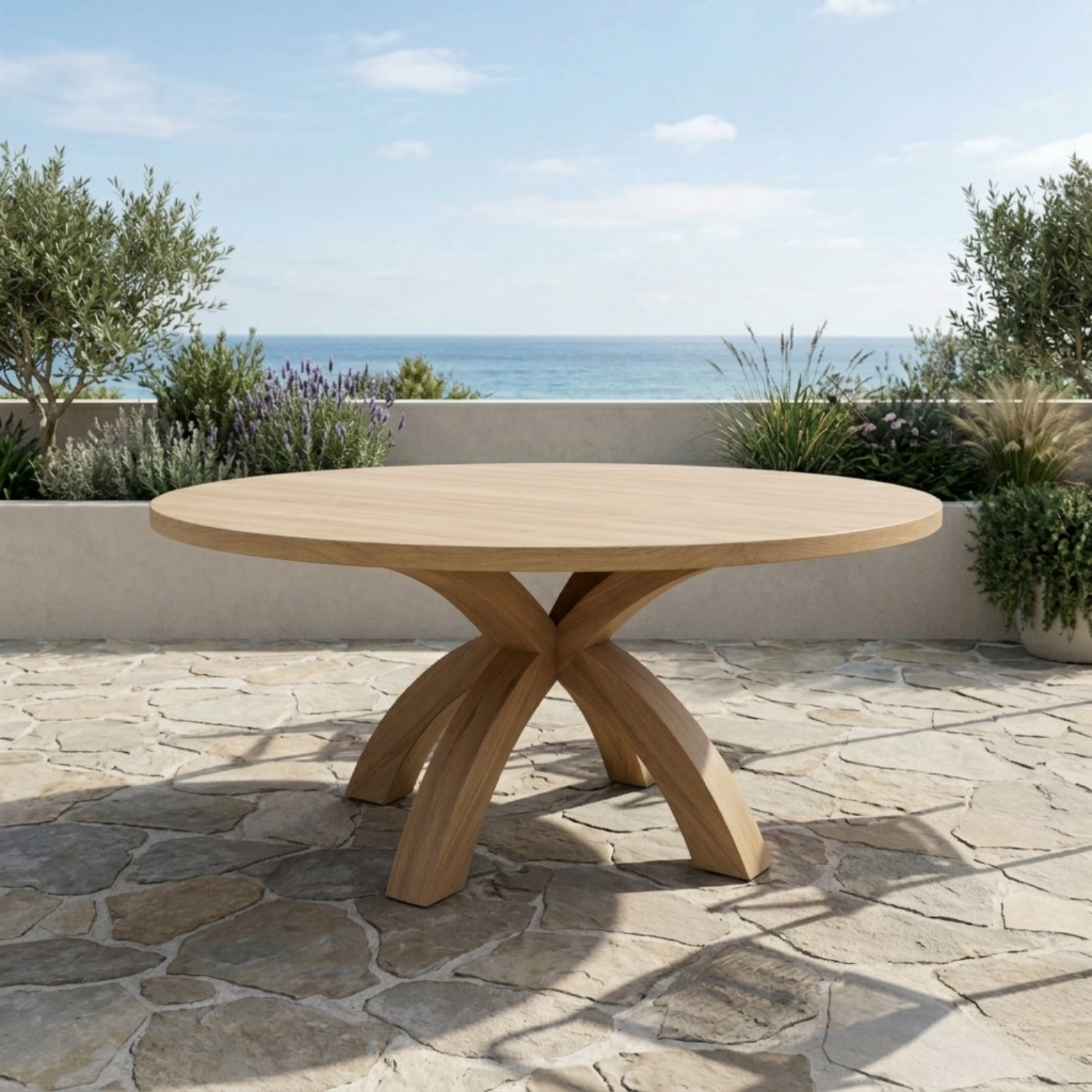 Round Solid Wood Outdoor Dining Table with Curved X Pedestal Base