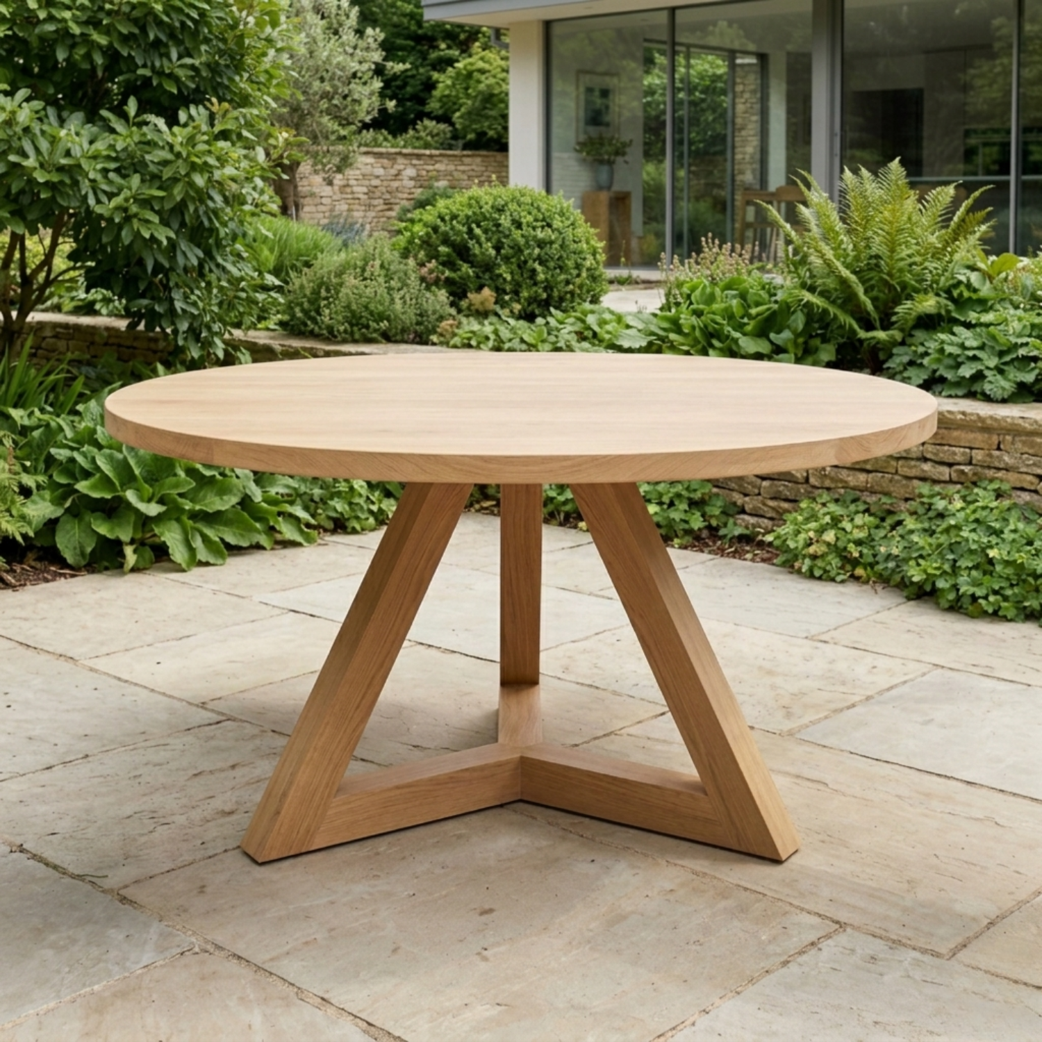 Round Solid Wood Outdoor Dining Table with Angular Cross Pedestal Base
