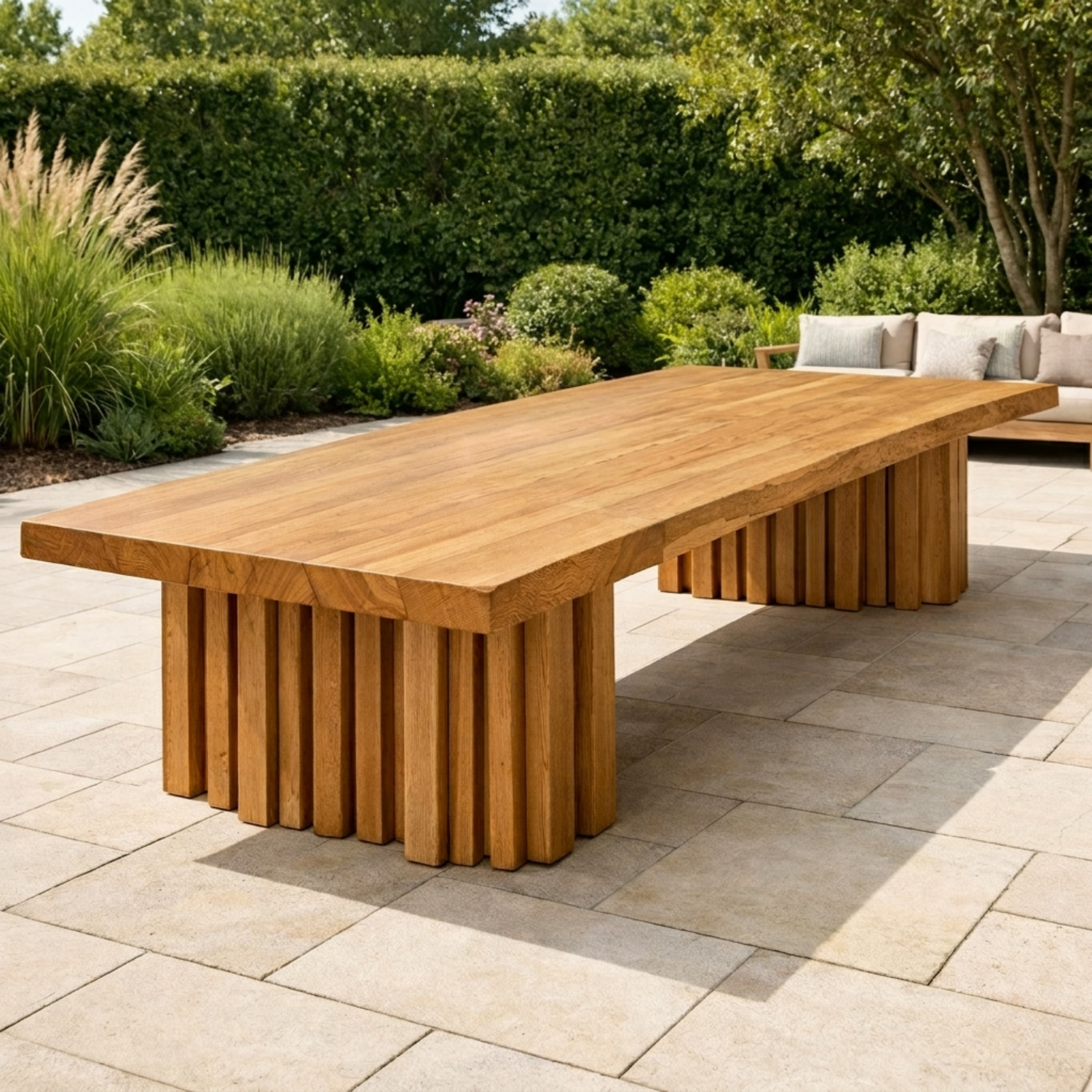 Solid Wood Outdoor Dining Table Rectangular Top with Fluted Pedestal Base