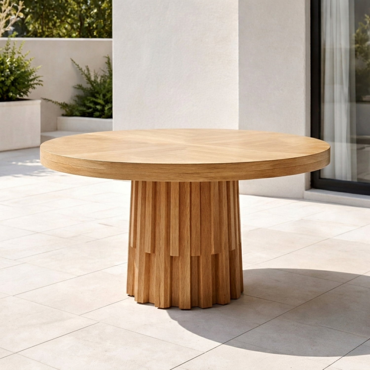 Round Solid Wood Outdoor Dining Table with Fluted Sculptural Pedestal Base