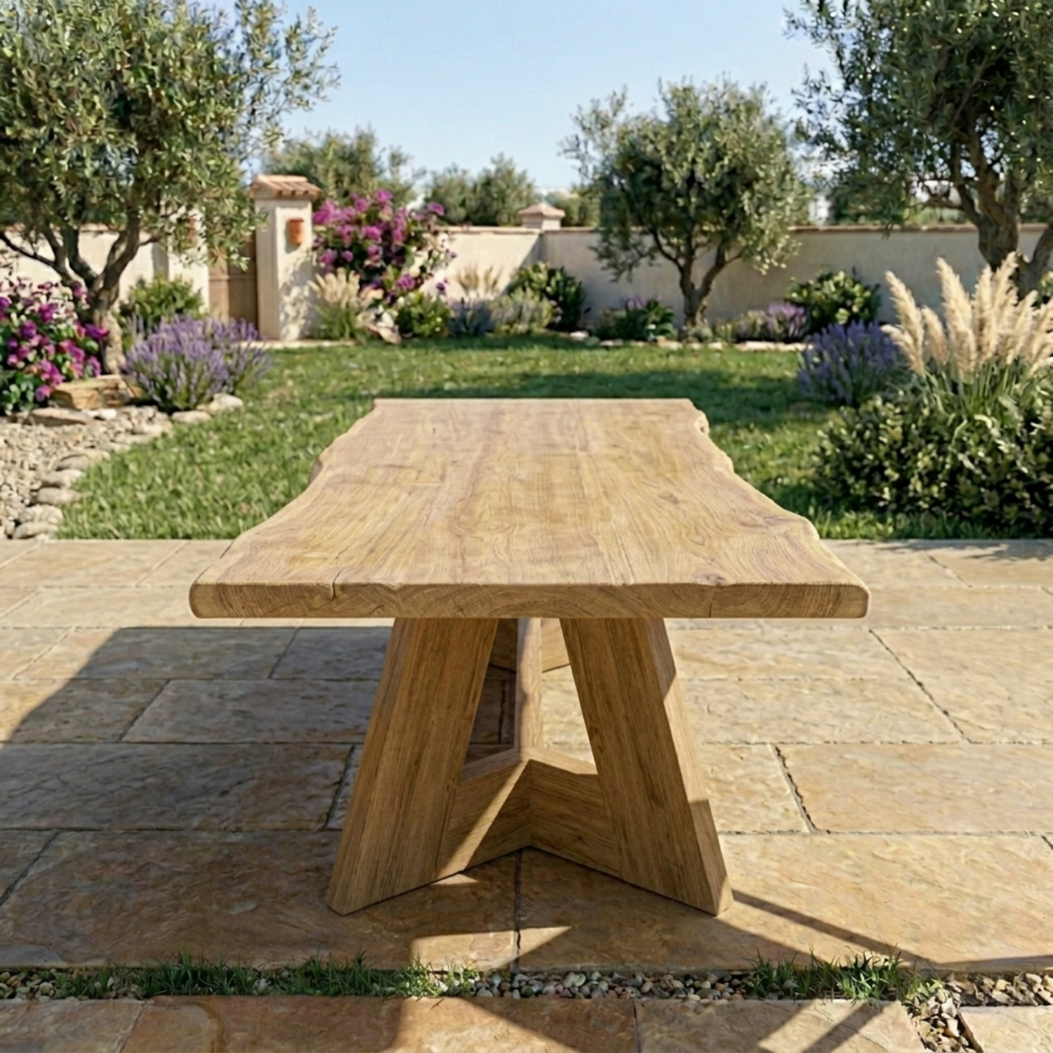 Rectangular Solid Wood Outdoor Dining Table with Geometric Pedestal Base