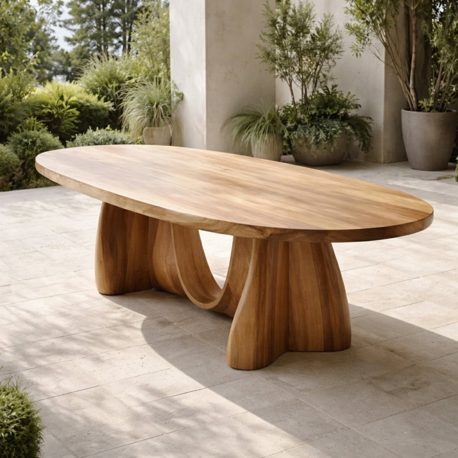 Oval Solid Wood Outdoor Dining Table with Sculptural Curved Pedestal Base