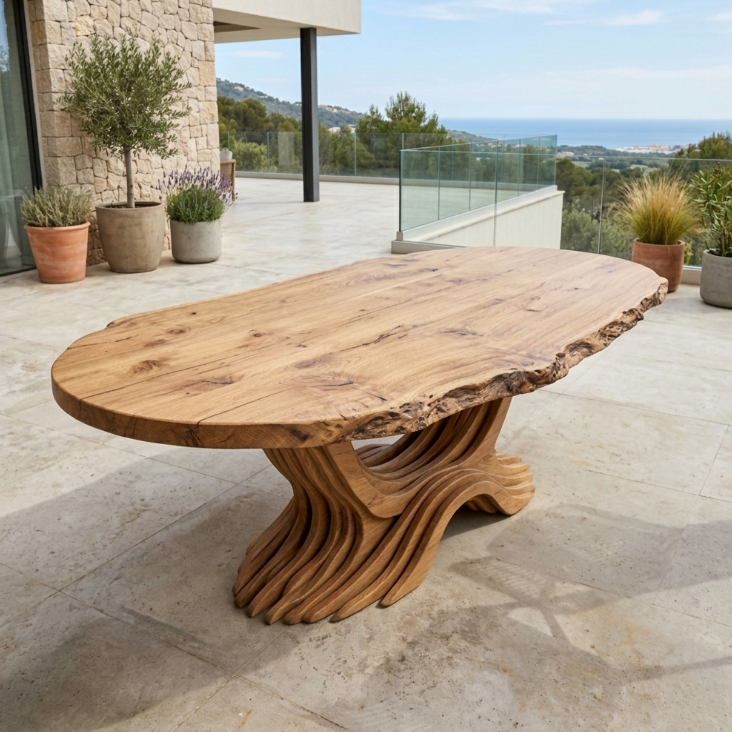 Live Edge Solid Wood Outdoor Dining Table with Sculptural Wave Pedestal Base