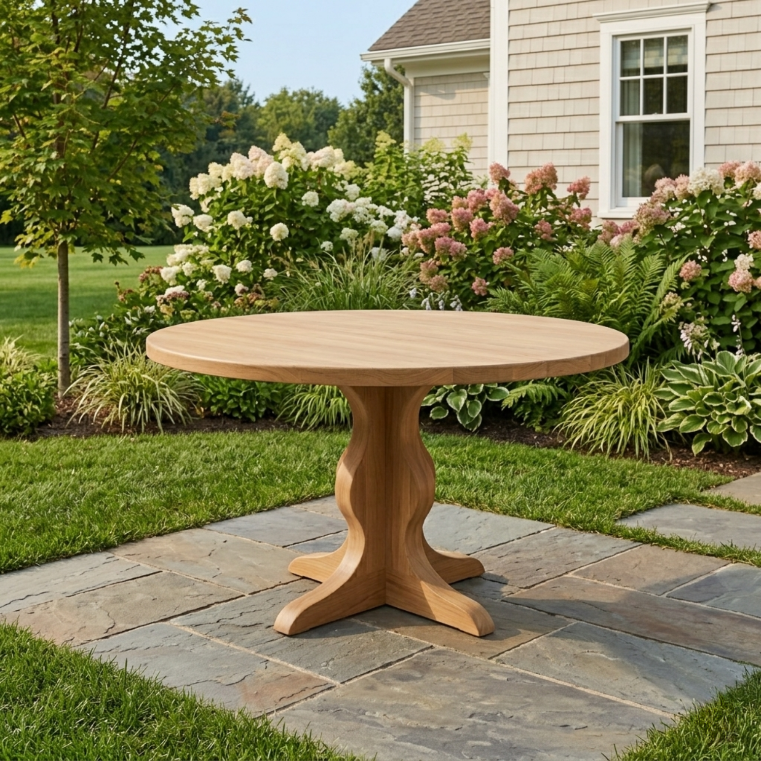 Round Solid Wood Outdoor Dining Table with Sculptural Pedestal Base