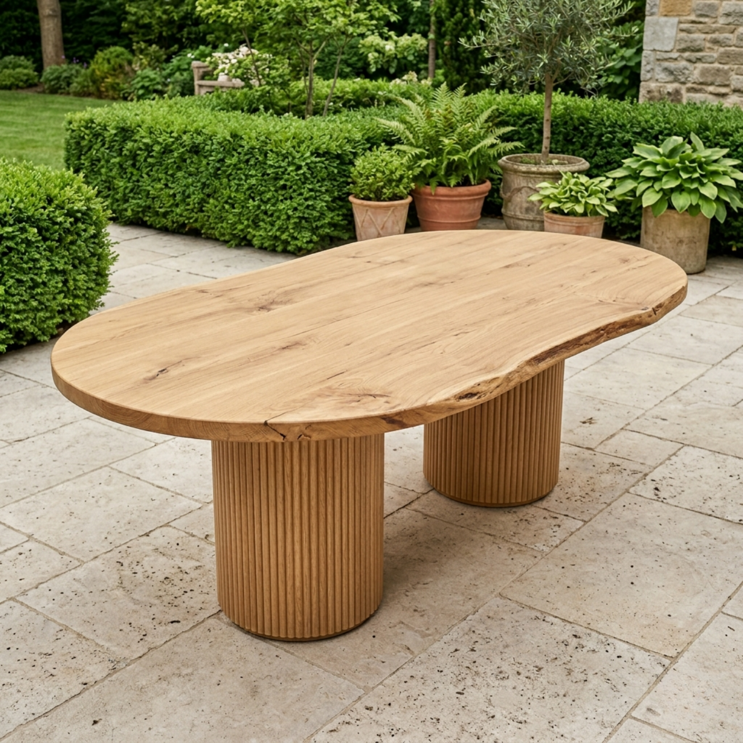 Solid Wood Outdoor Dining Table Oval Sculptural Base Modern Patio Garden Table