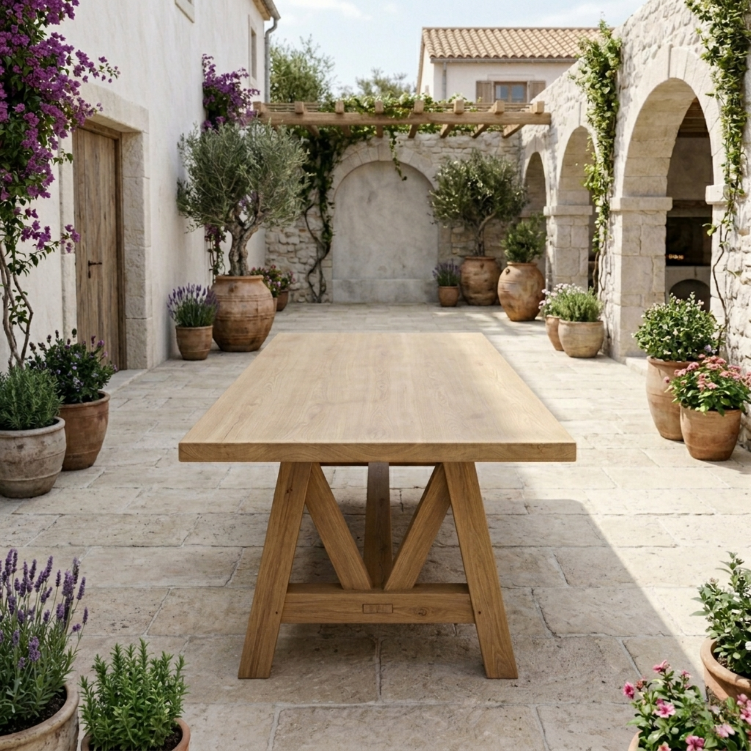 Rectangular Solid Wood Outdoor Dining Table with A-Frame Pedestal Base