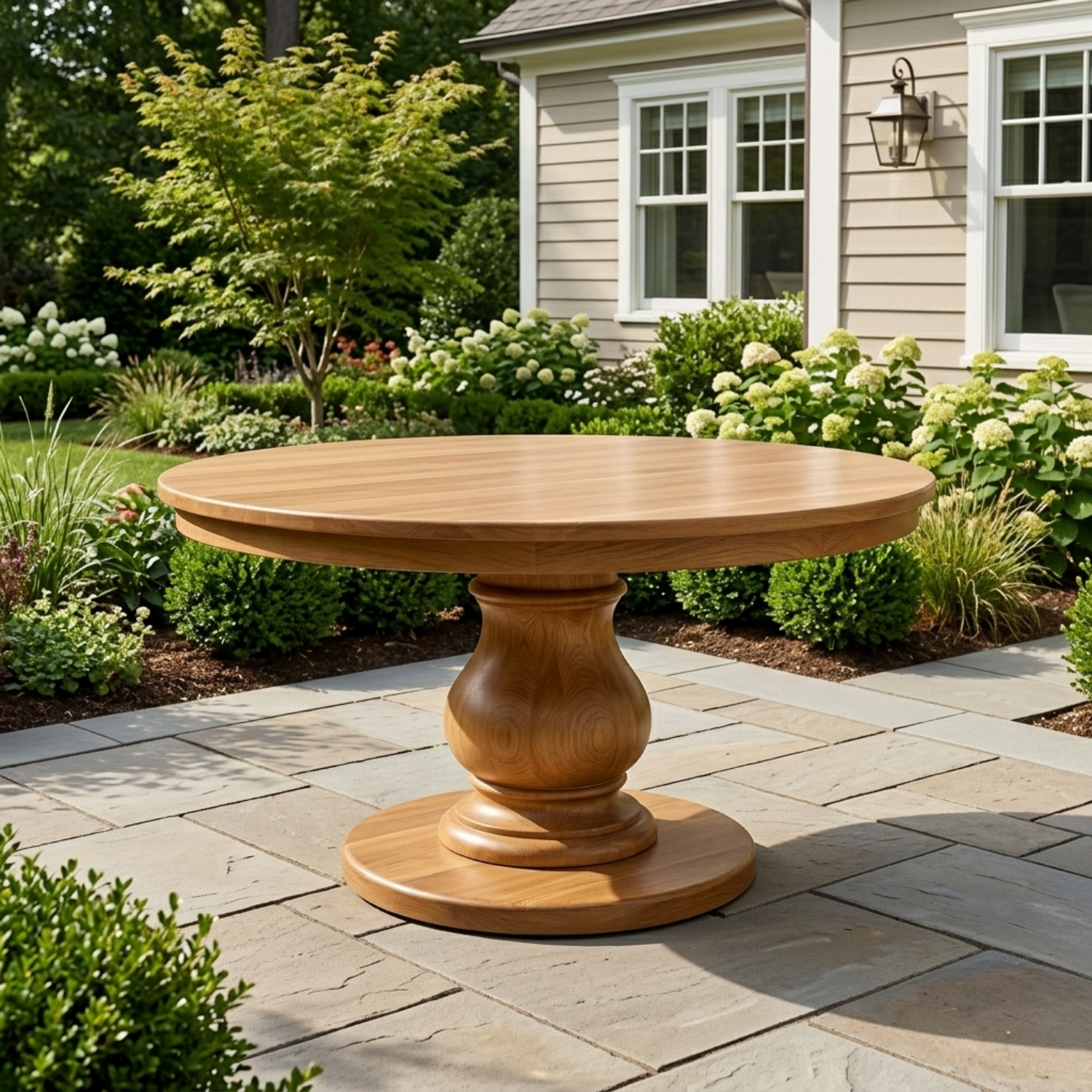 Round Solid Wood Outdoor Dining Table with Classic Turned Pedestal Base