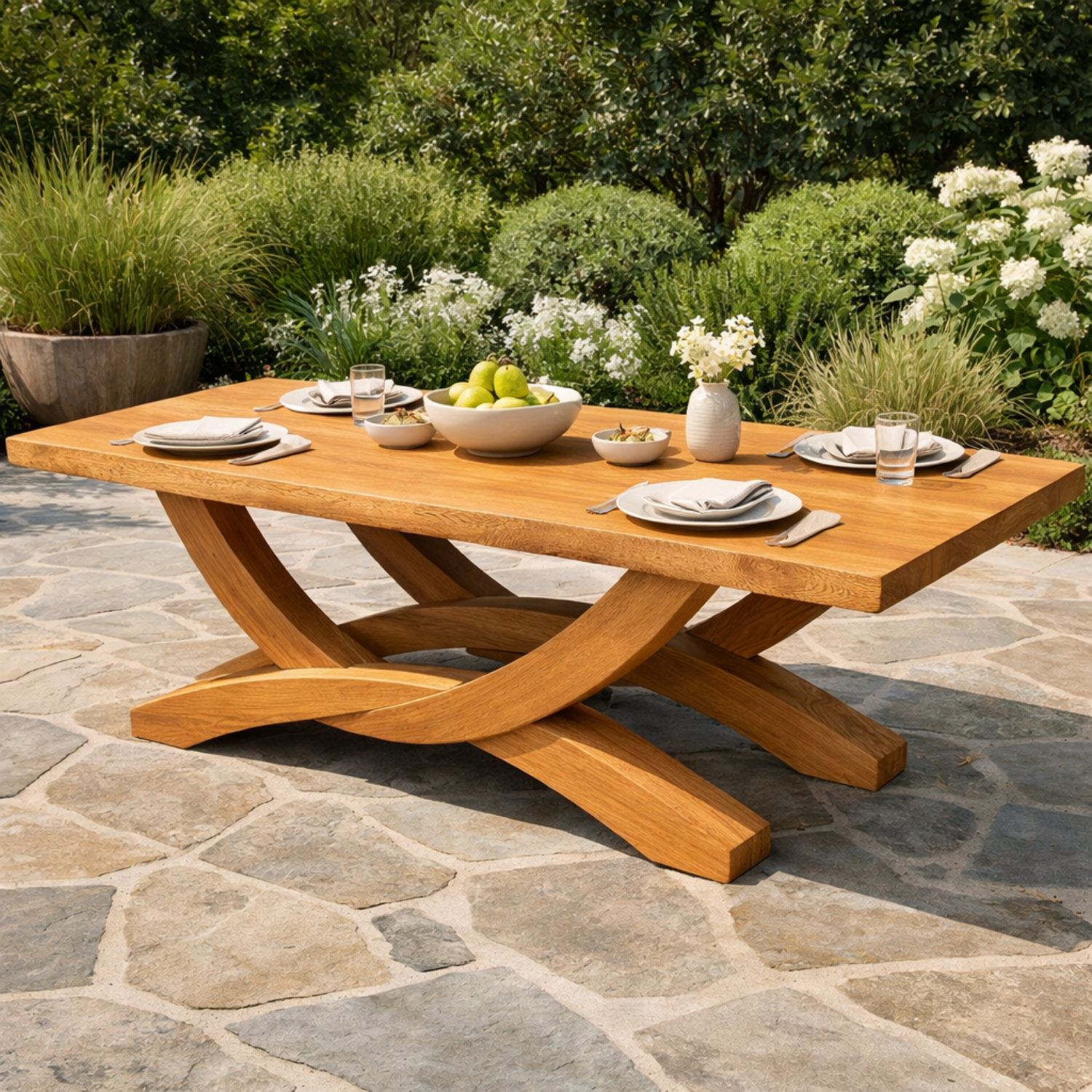 Solid Wood Outdoor Dining Table Rectangular Top with Sculptural Cross Base
