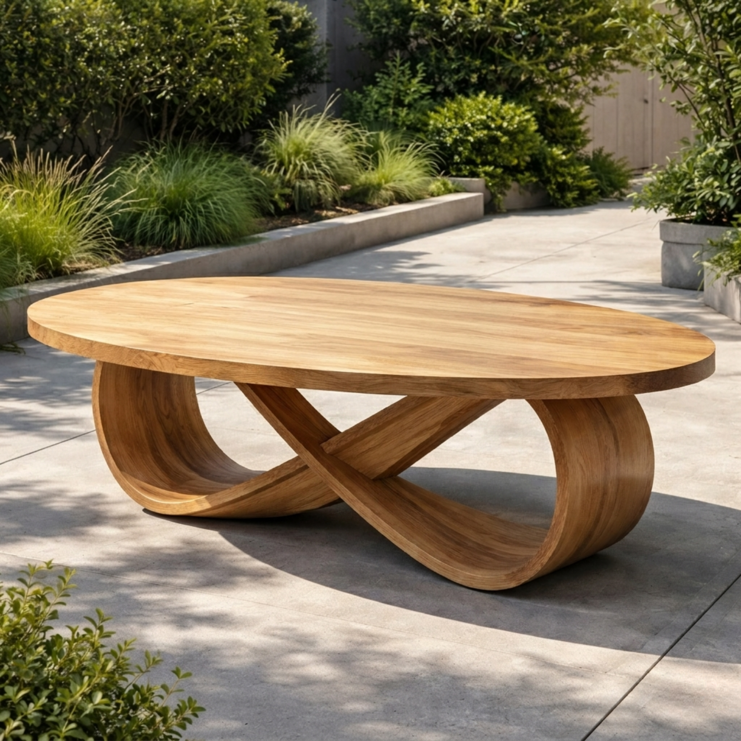 Solid Wood Outdoor Dining Table Oval Top with Sculptural Curved Loop Base