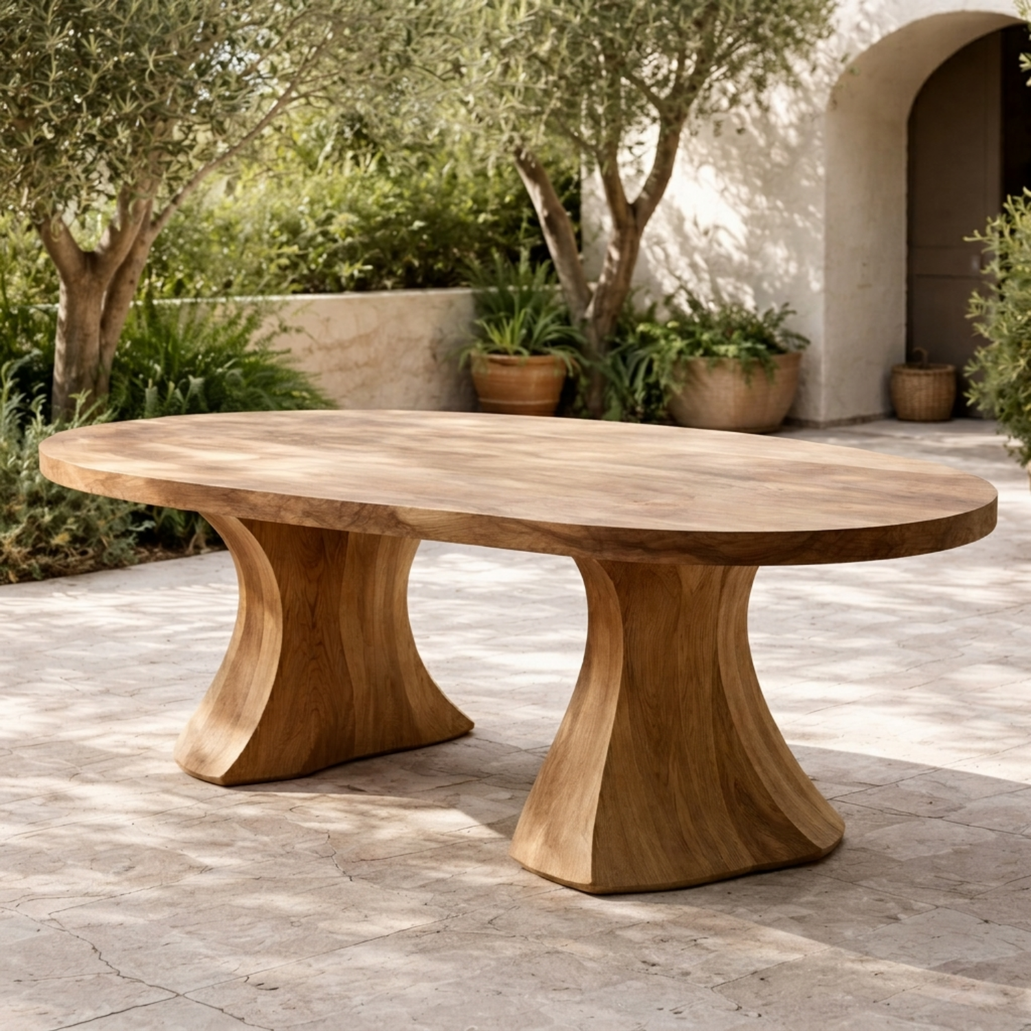 Oval Solid Wood Outdoor Dining Table with Sculpted Pedestal Bases