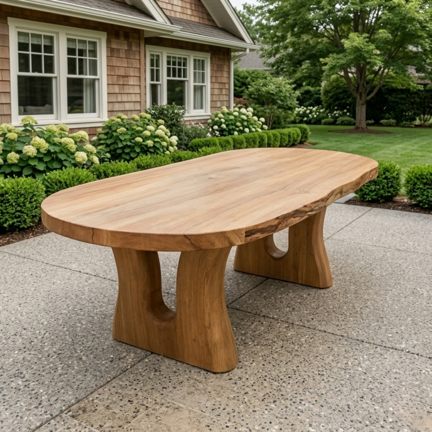 Live Edge Solid Wood Outdoor Dining Table with Sculpted Double Arch Base