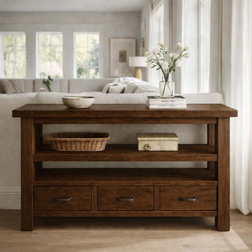 Solid Wood Console Table with Drawers and Open Shelf