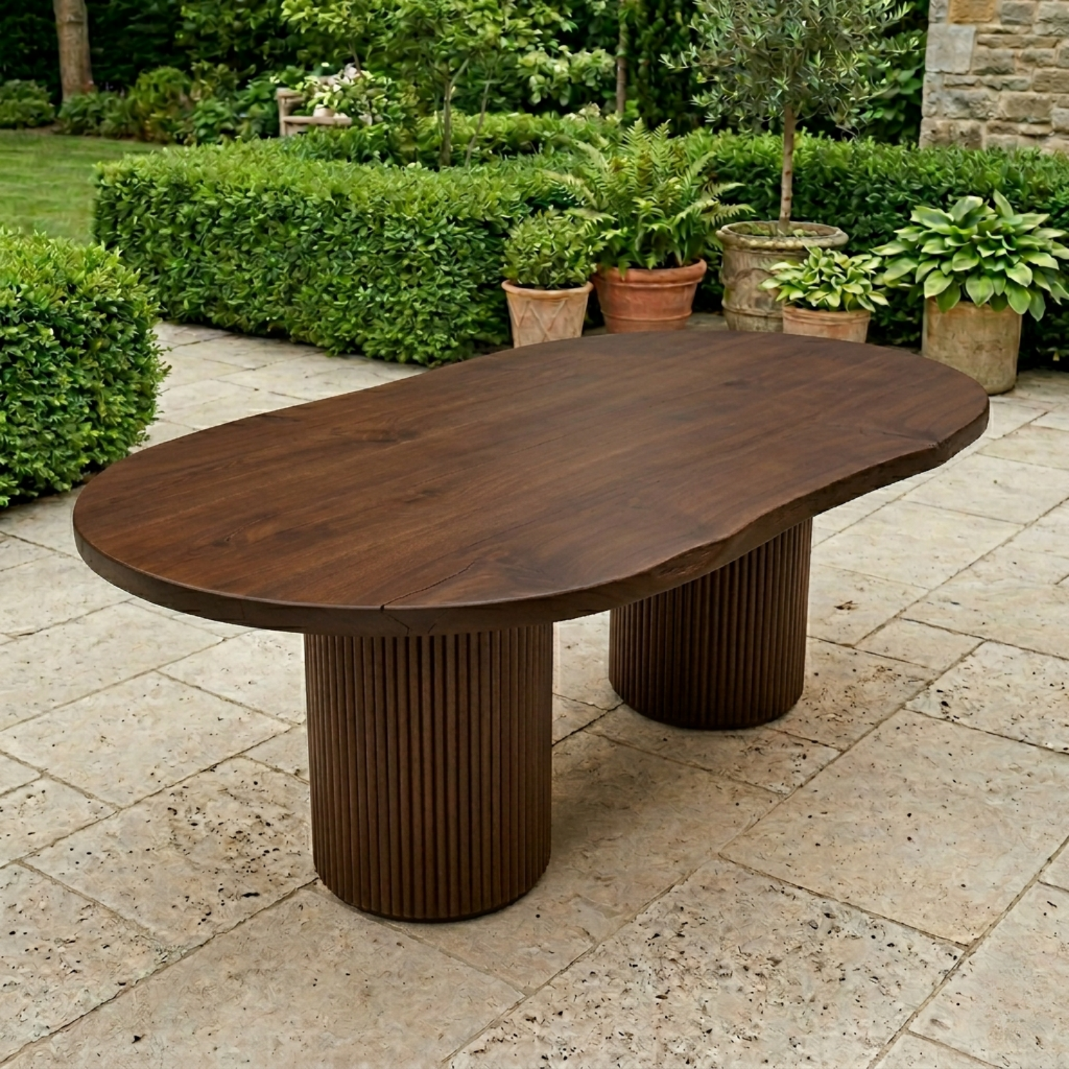 Solid Wood Outdoor Dining Table Oval Sculptural Base Modern Patio Garden Table