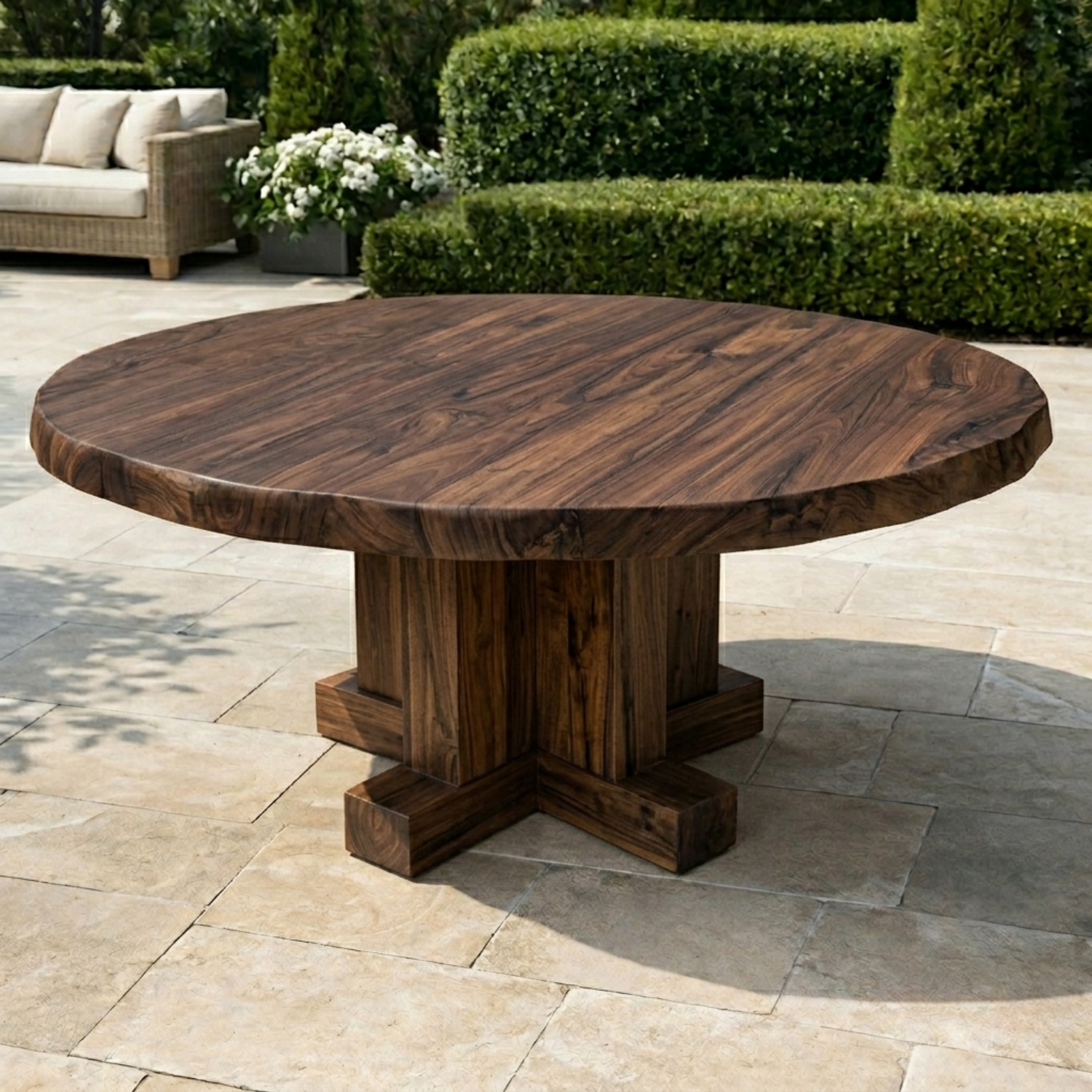 Round Live Edge Solid Wood Outdoor Dining Table with Cross Pedestal Base