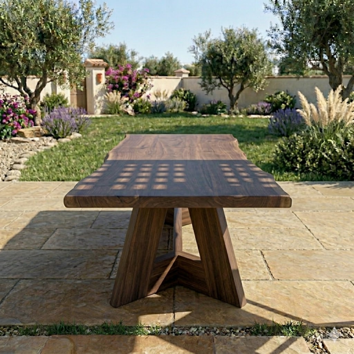 Rectangular Solid Wood Outdoor Dining Table with Geometric Pedestal Base