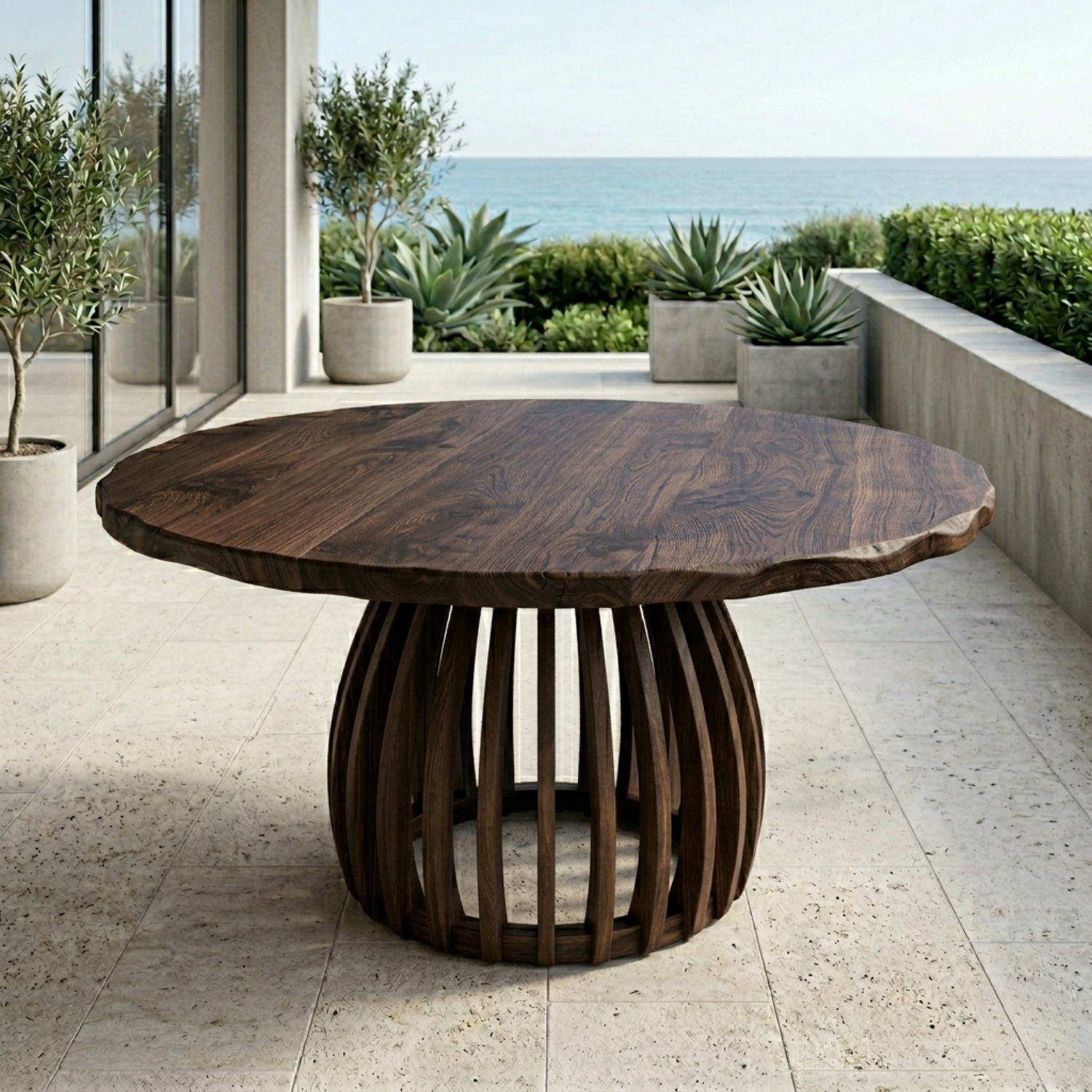 Round Live Edge Solid Wood Outdoor Dining Table with Sculptural Slatted Pedestal Base