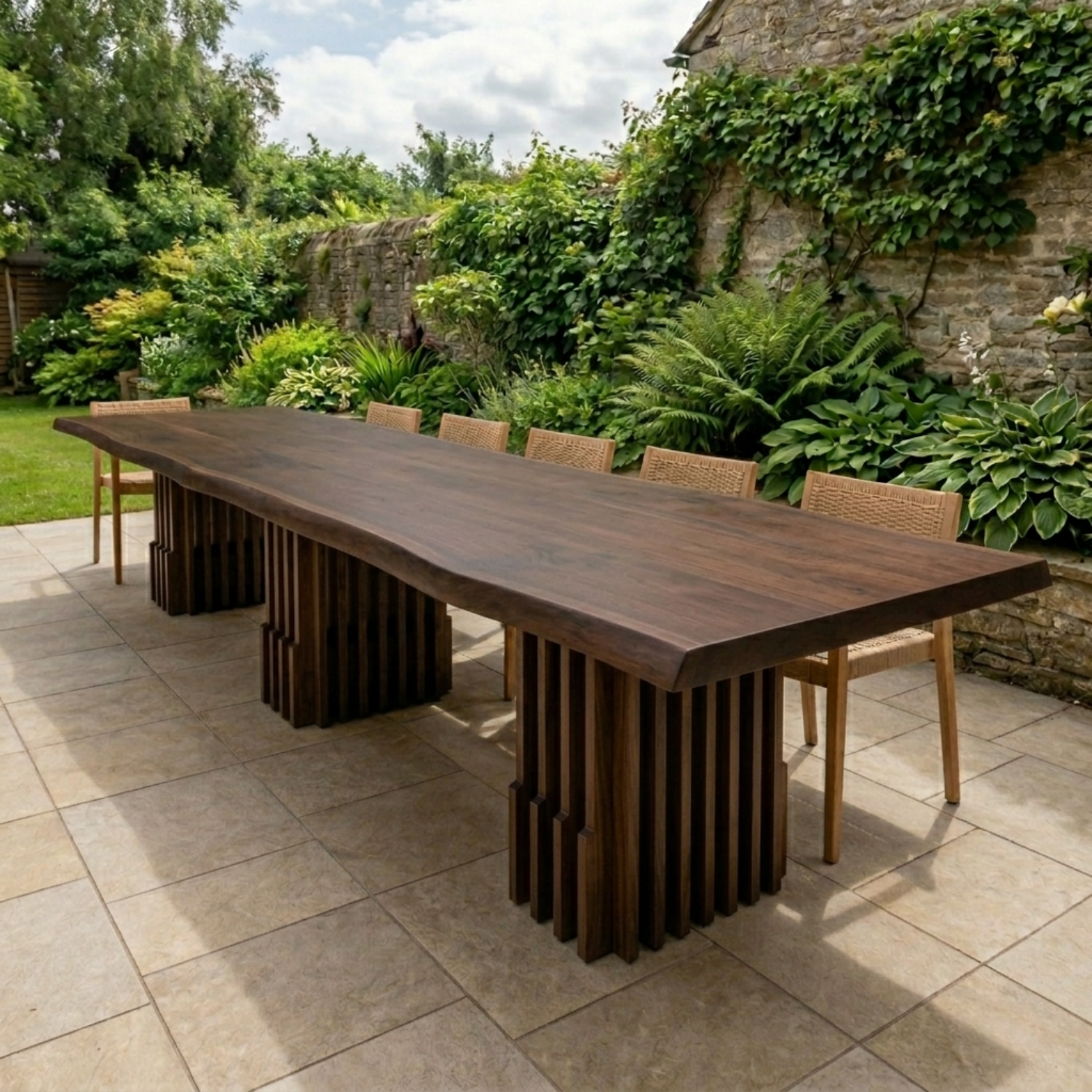 Solid Wood Outdoor Dining Table Live Edge Top with Fluted Multi-Pedestal Base