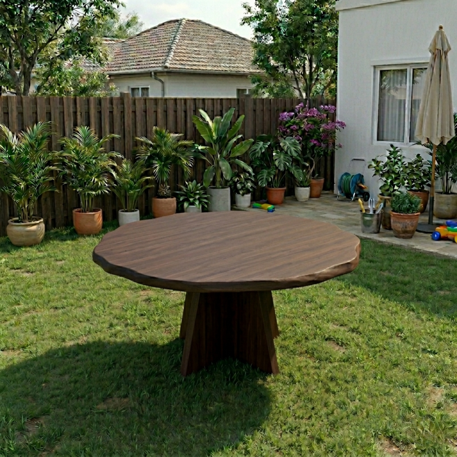 Round Live Edge Solid Wood Outdoor Dining Table with Sculptural Cross Pedestal Base