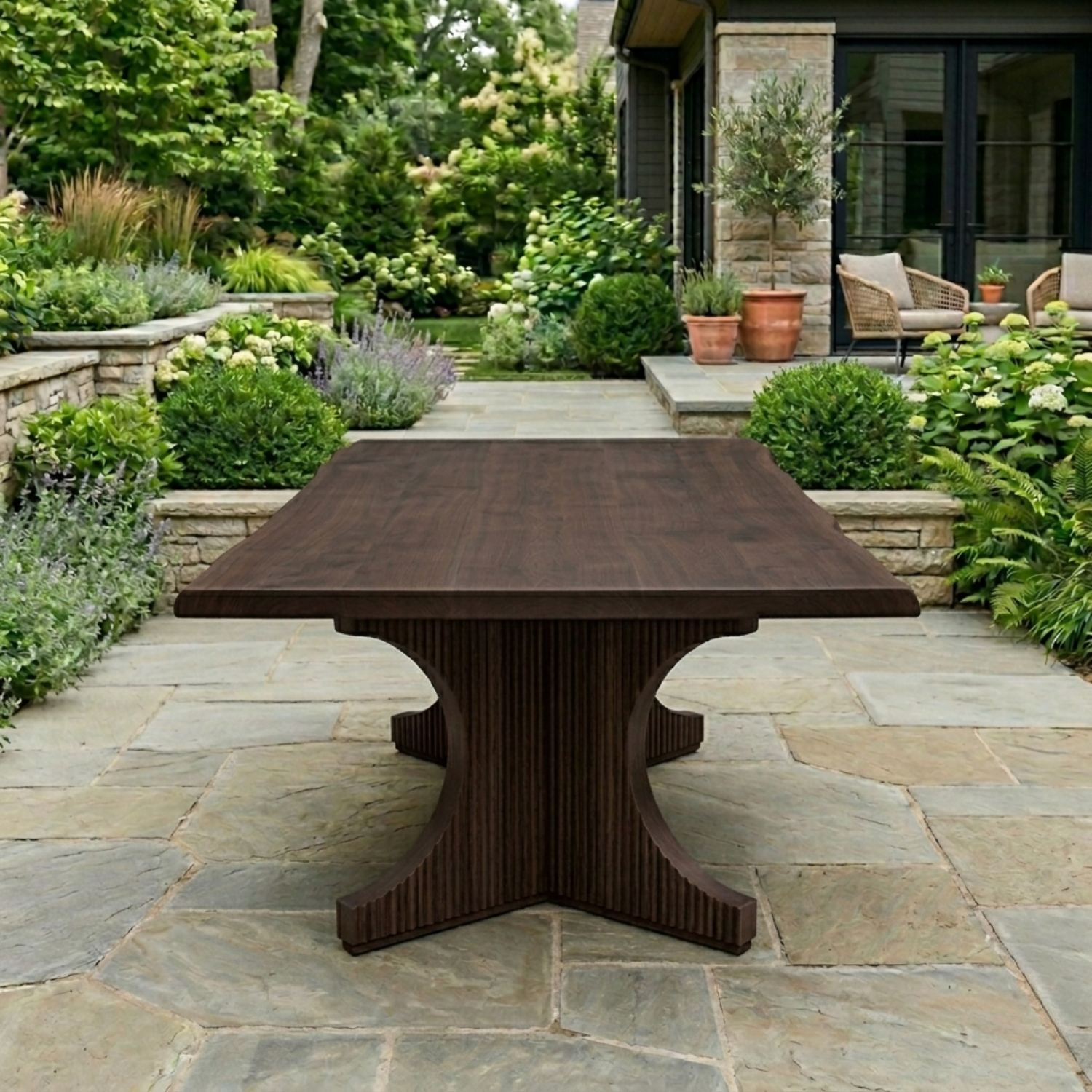 Solid Wood Outdoor Dining Table Square Top with Fluted Cross Pedestal Base