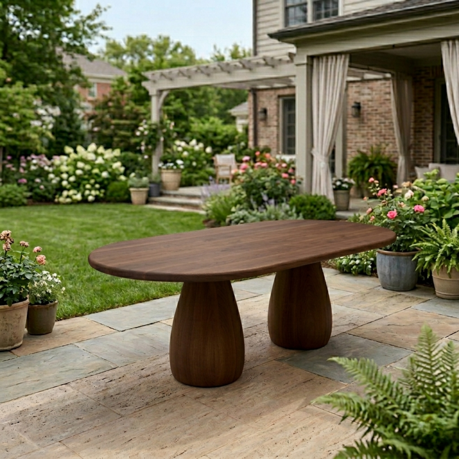 Oval Solid Wood Outdoor Dining Table with Double Rounded Form Base