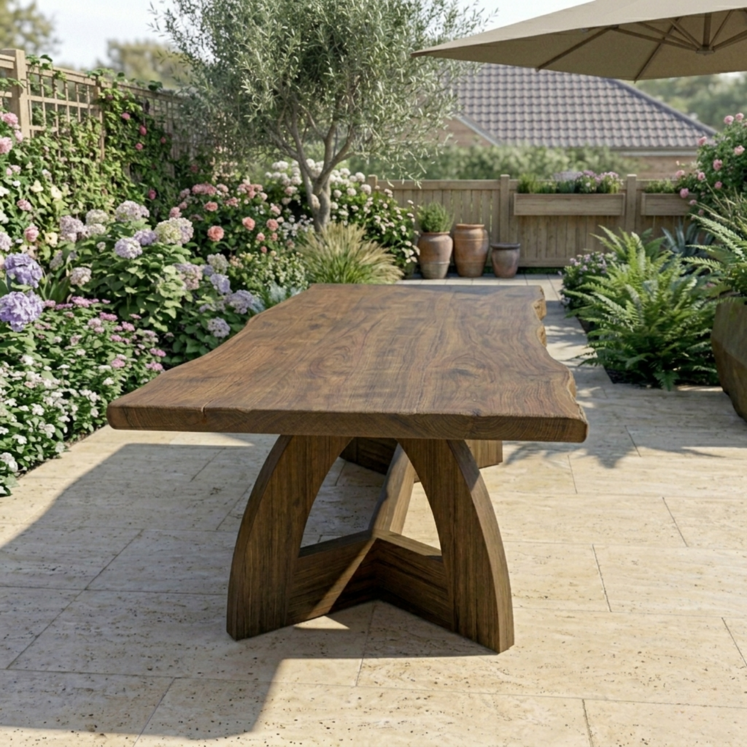 Live Edge Solid Wood Outdoor Dining Table with Sculptural Arch Pedestal Base