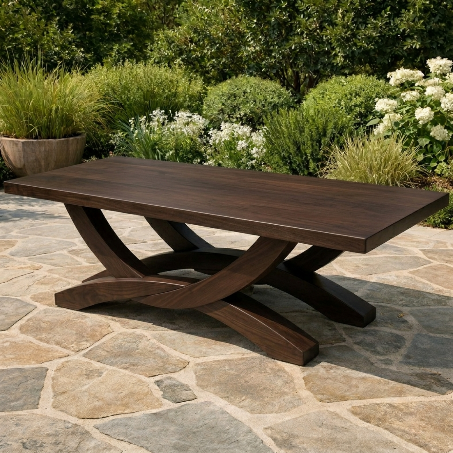 Solid Wood Outdoor Dining Table Rectangular Top with Sculptural Cross Base