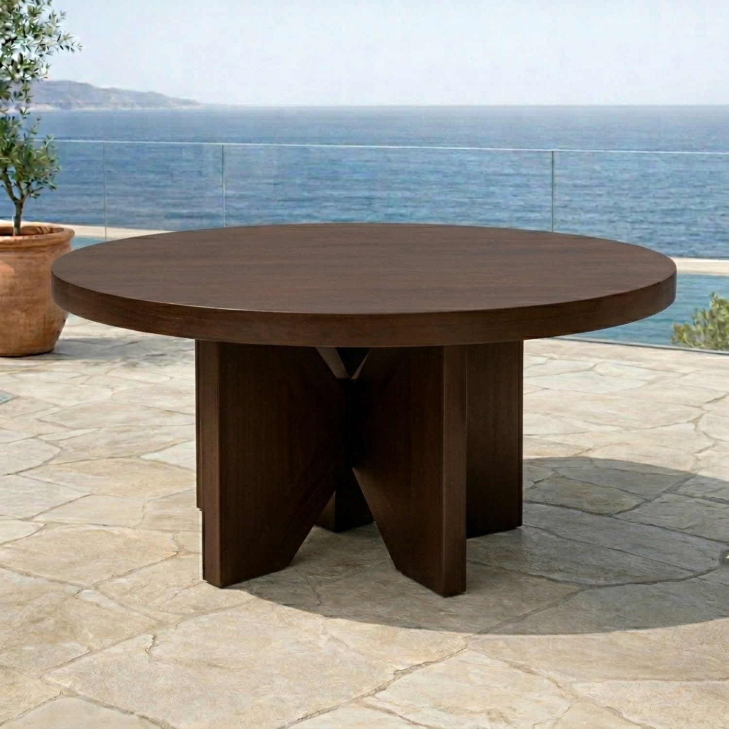 Round Solid Wood Outdoor Dining Table with Bold Cross Pedestal Base