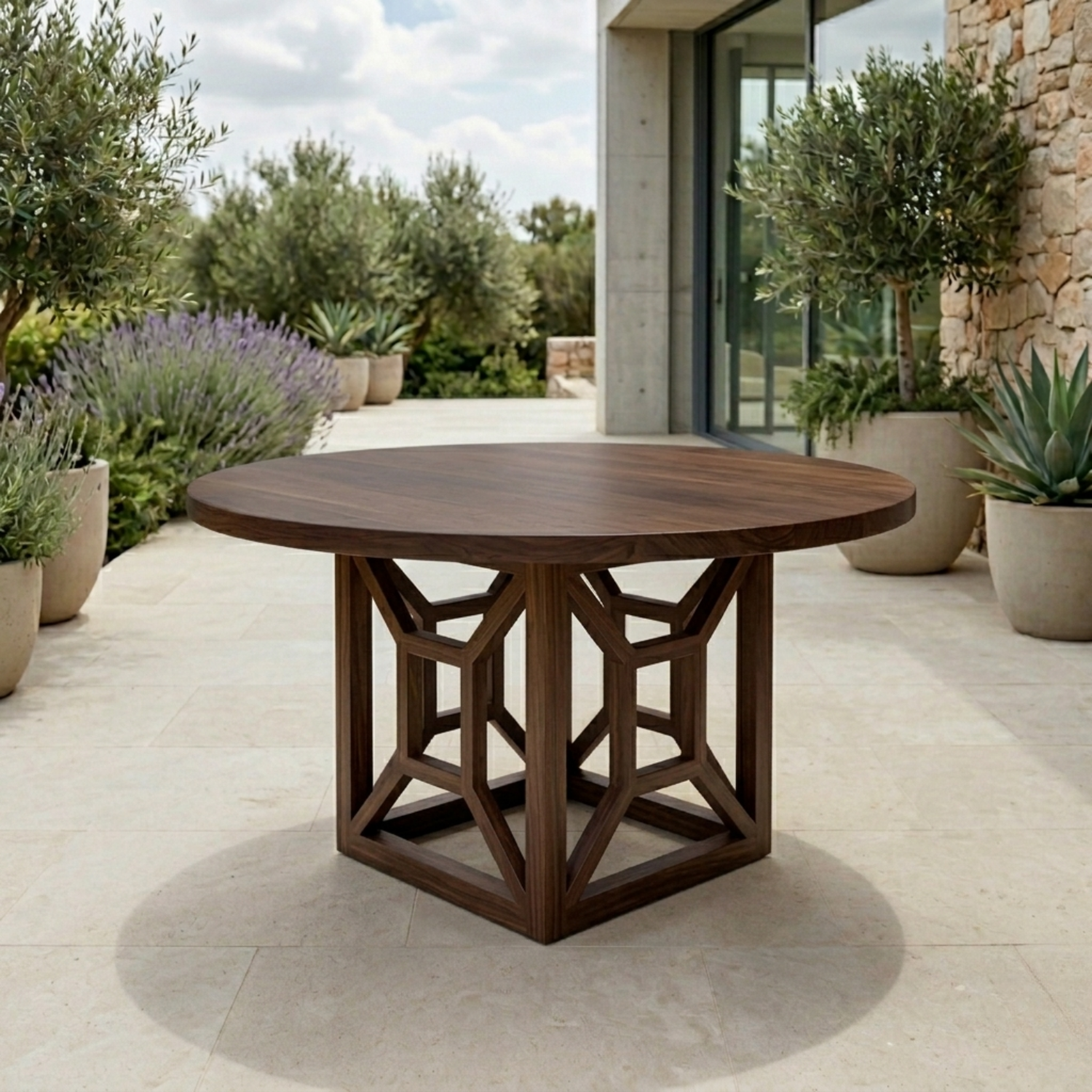 Round Solid Wood Outdoor Dining Table with Geometric Architectural Pedestal Base