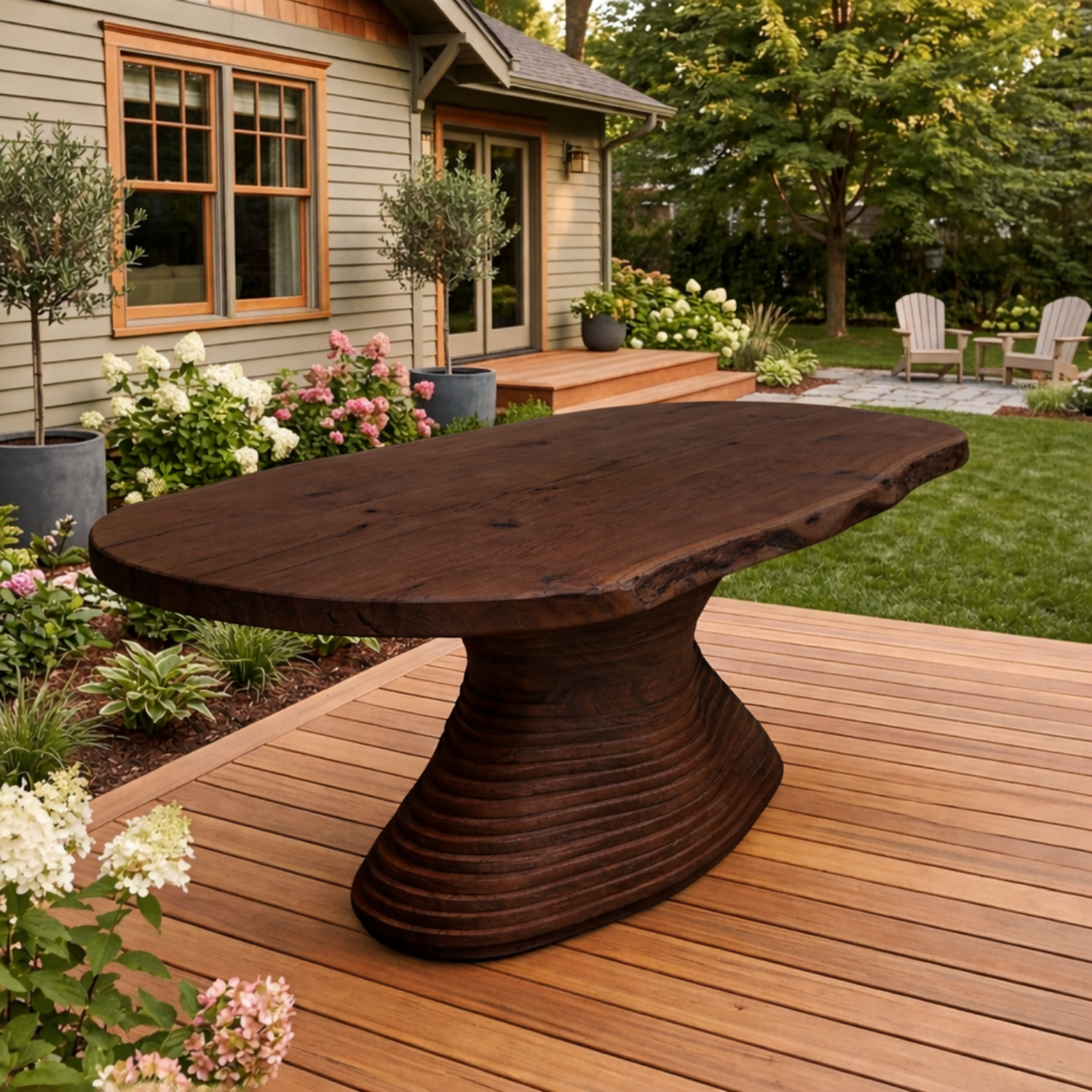 Live Edge Solid Wood Outdoor Dining Table with Sculptural Spiral Pedestal Base