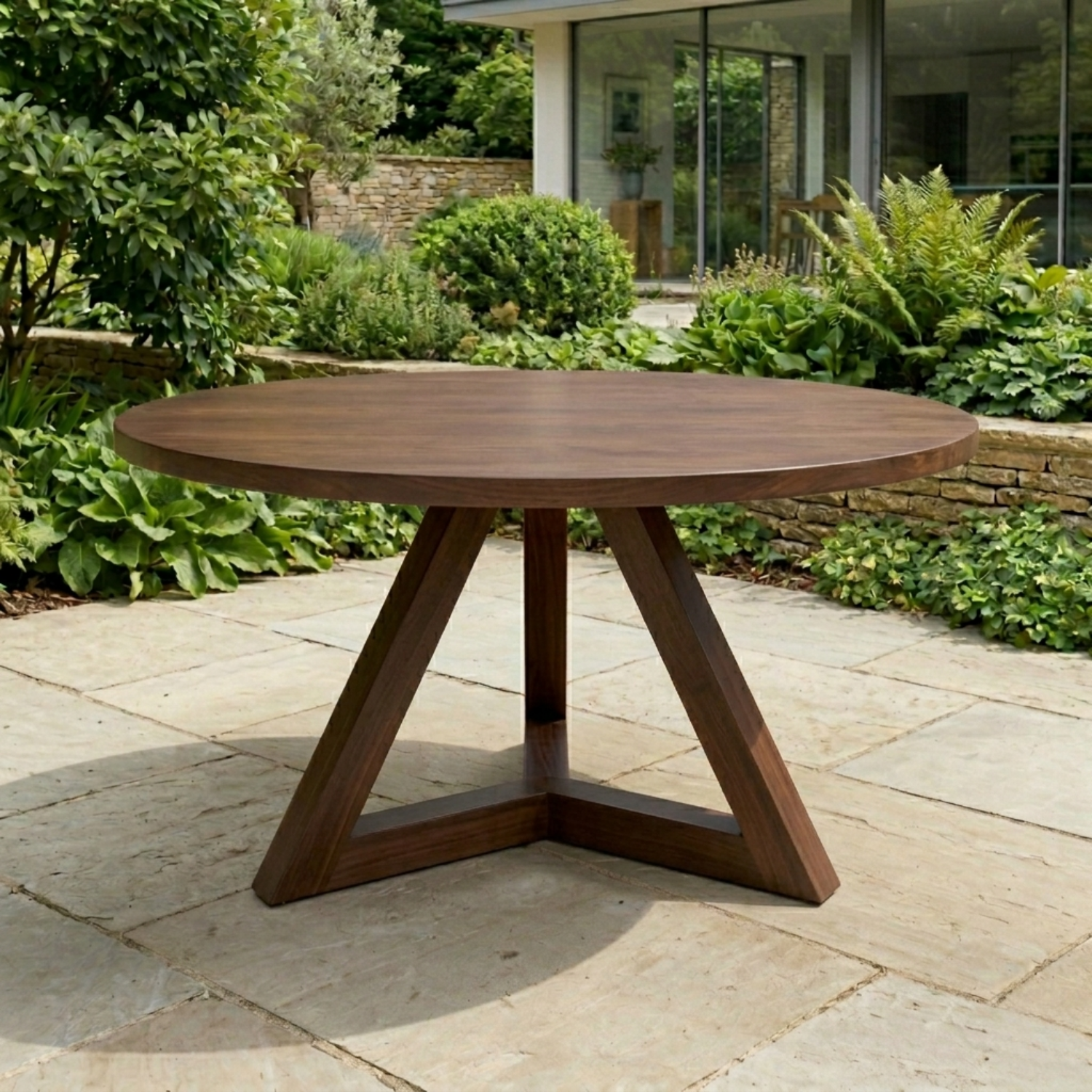 Round Solid Wood Outdoor Dining Table with Angular Cross Pedestal Base