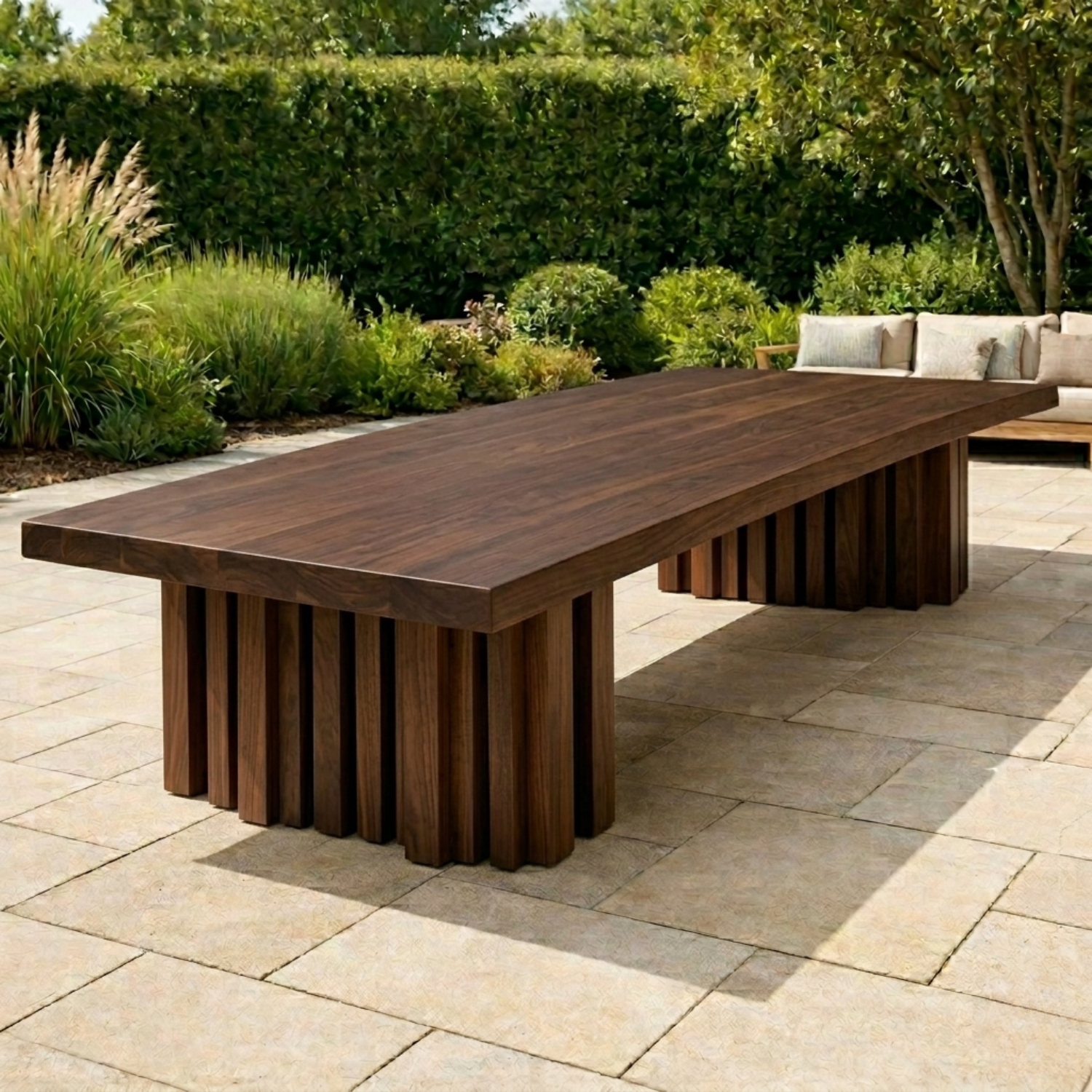 Solid Wood Outdoor Dining Table Rectangular Top with Fluted Pedestal Base