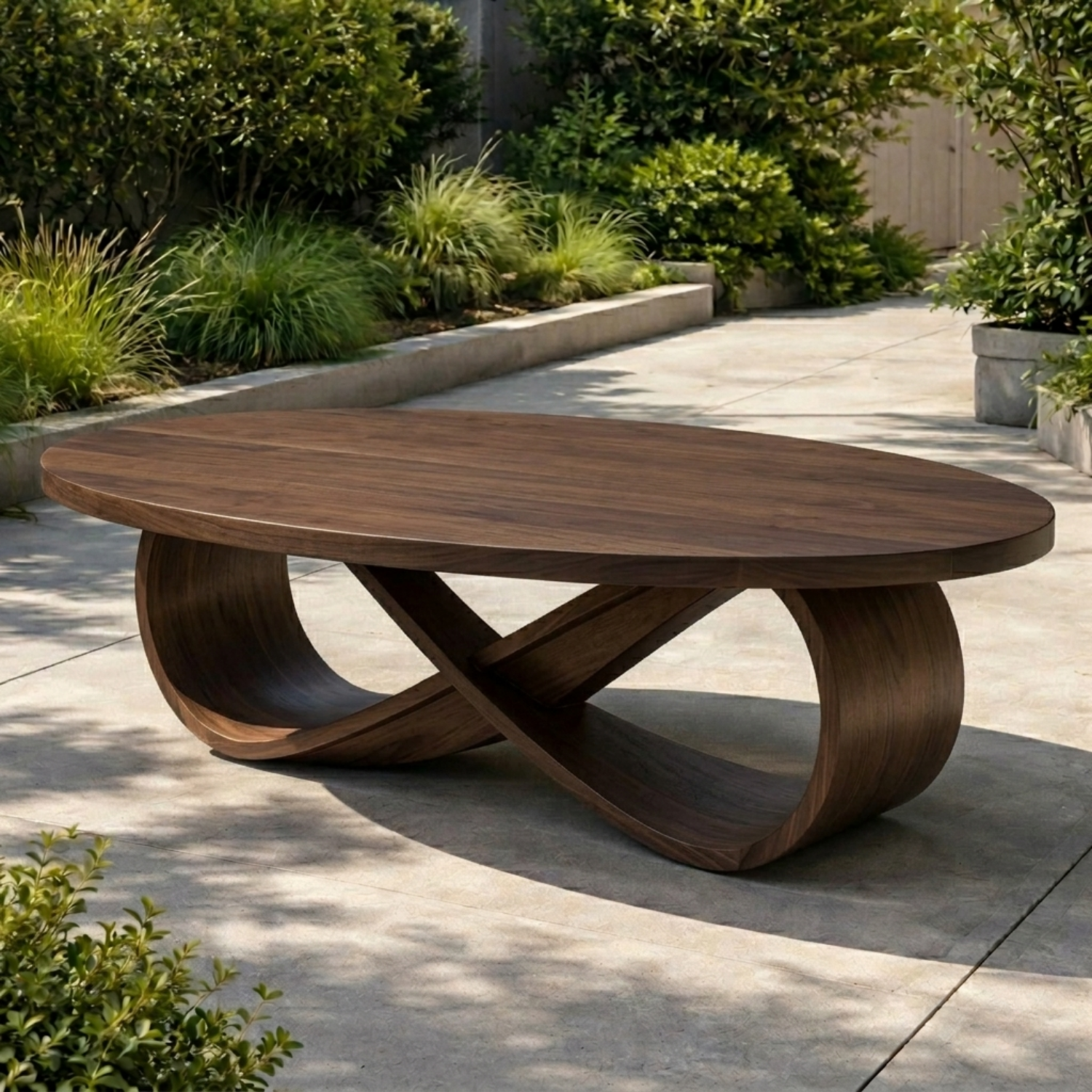 Solid Wood Outdoor Dining Table Oval Top with Sculptural Curved Loop Base