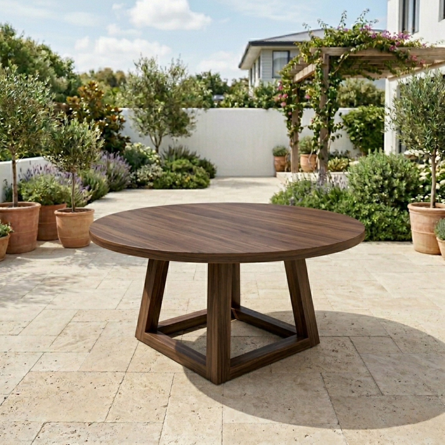 Round Solid Wood Outdoor Dining Table with Geometric Cross Pedestal Base