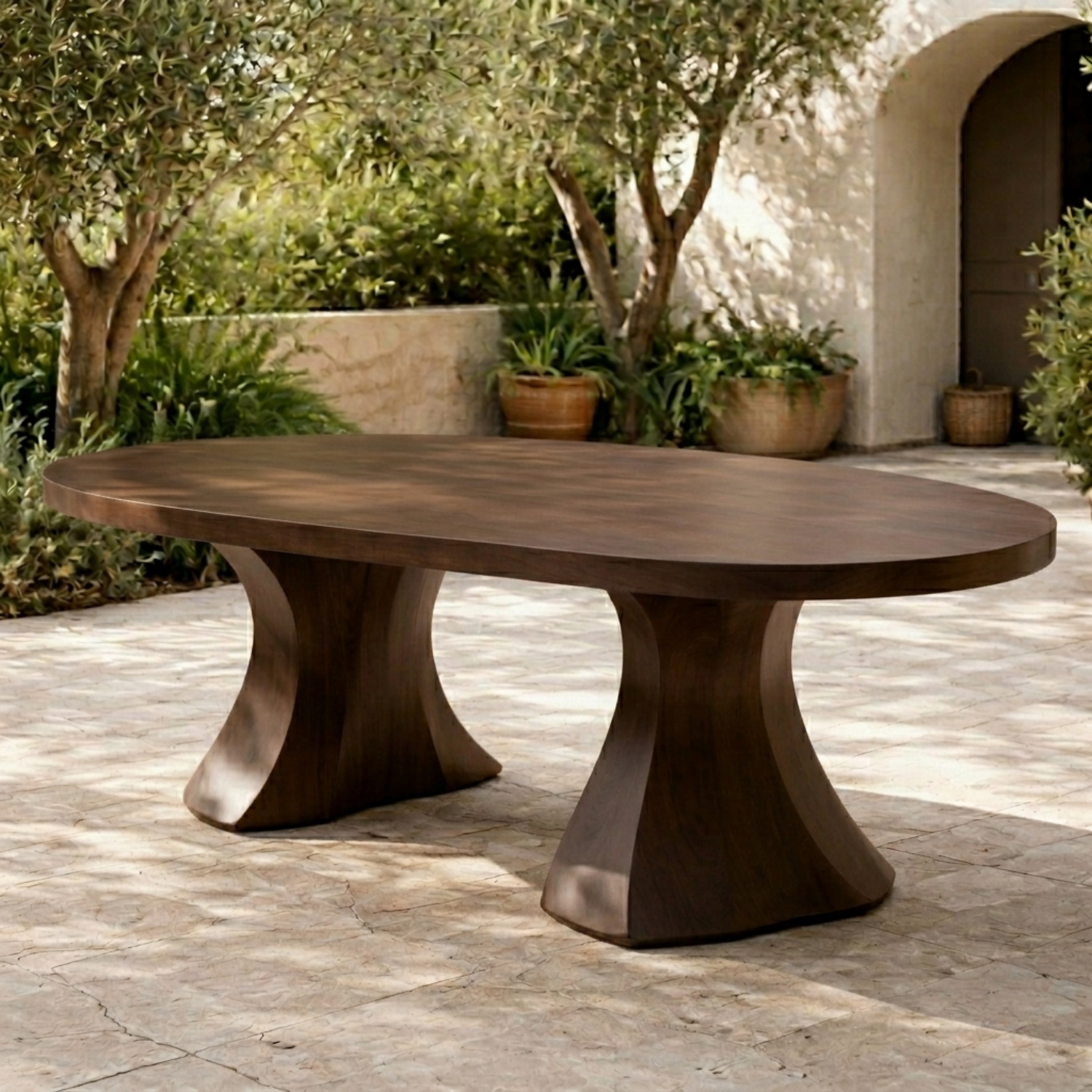 Oval Solid Wood Outdoor Dining Table with Sculpted Pedestal Bases