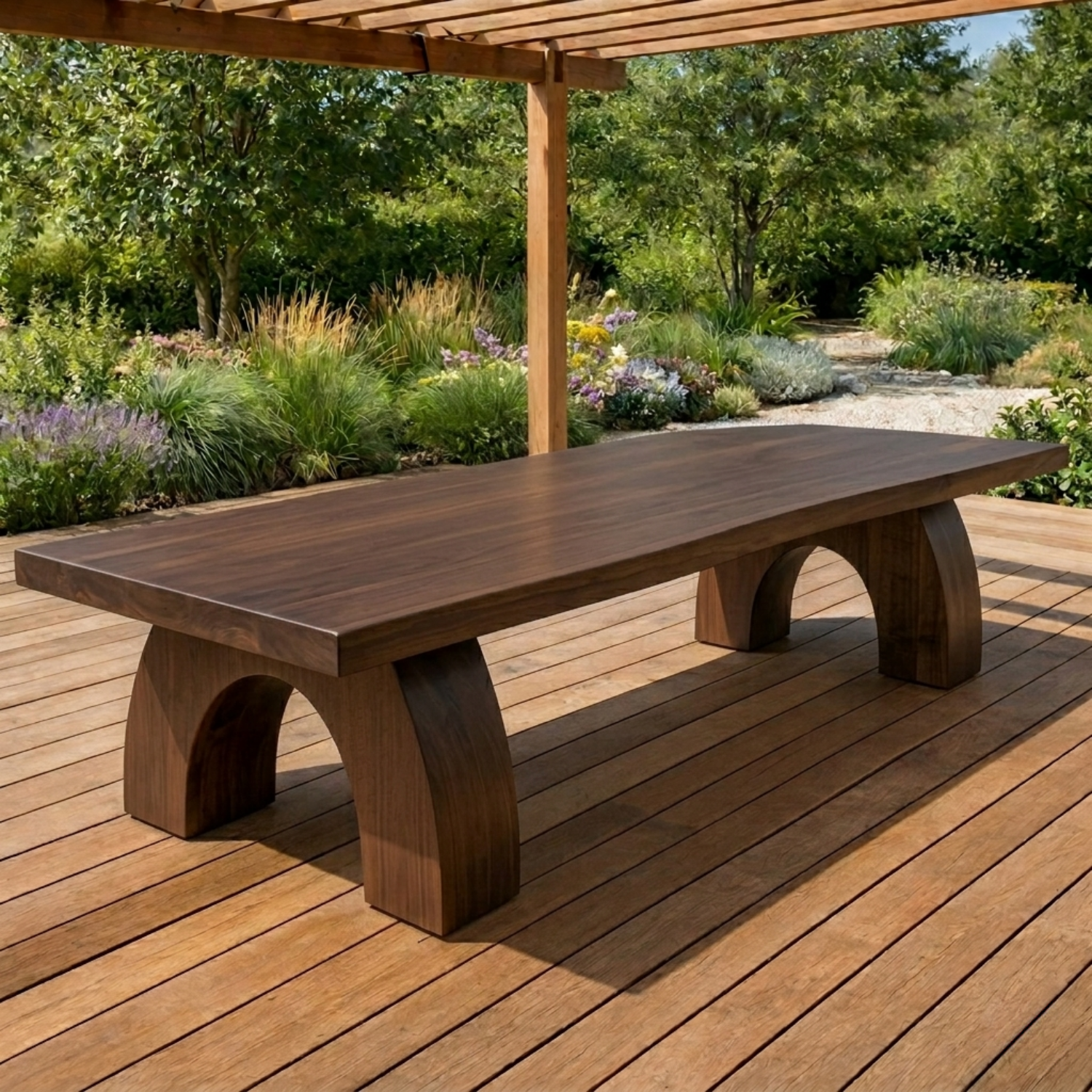 Solid Wood Outdoor Dining Table Rectangular Top with Arched Base Patio Garden Table