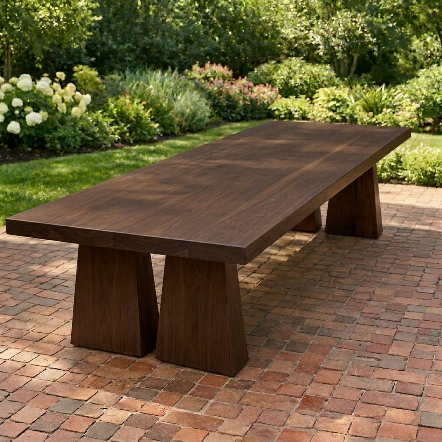 Solid Wood Outdoor Dining Table Rectangular Top with Dual Pedestal Block Base