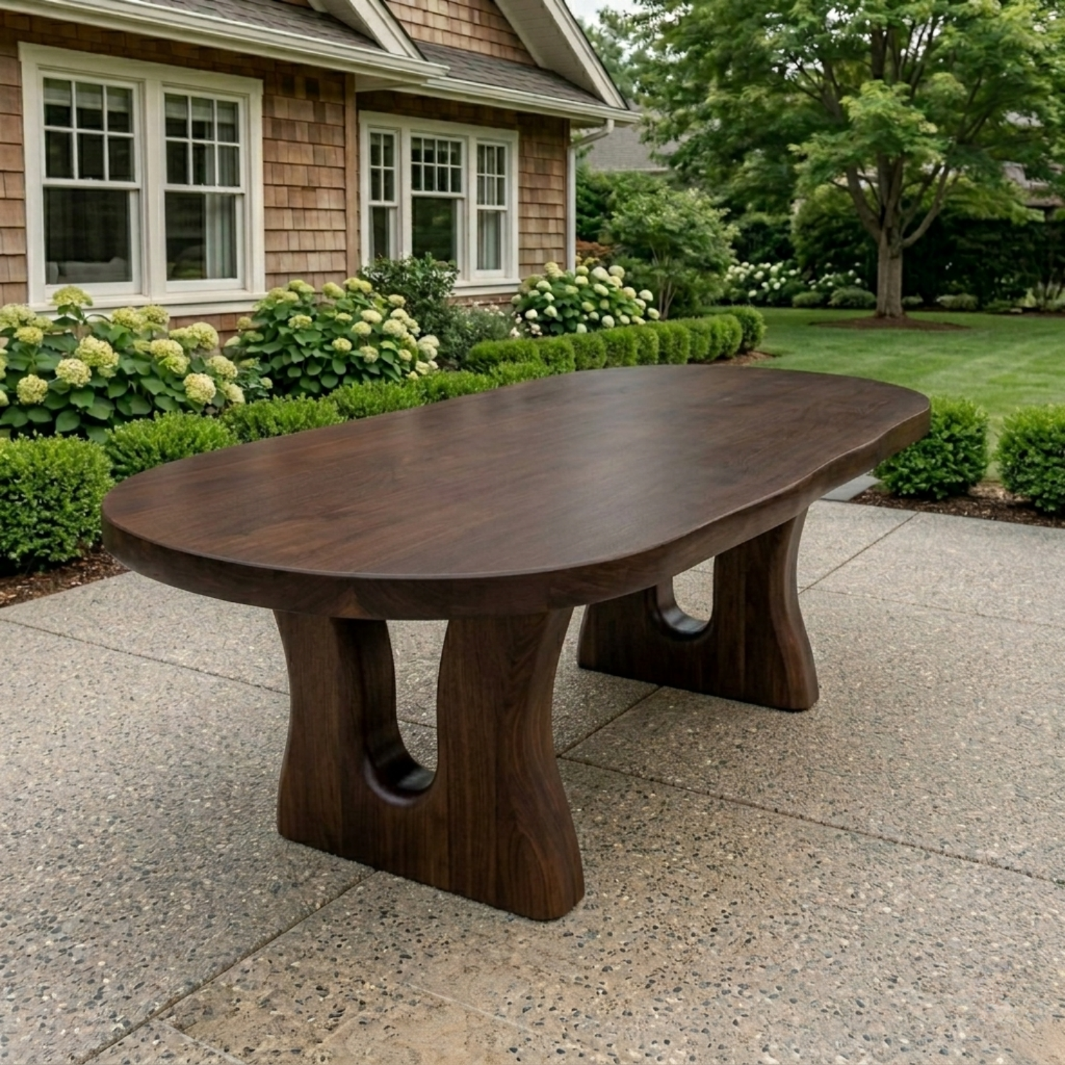 Live Edge Solid Wood Outdoor Dining Table with Sculpted Double Arch Base